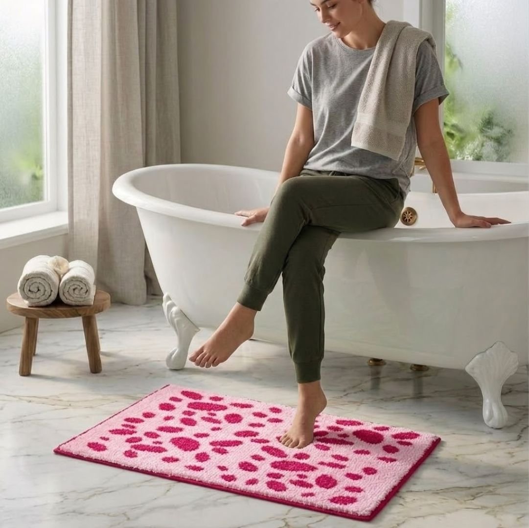 Pink Dotted Micro Designer Soft Anti Slip Bath Mat by Athom Living - Athom Living