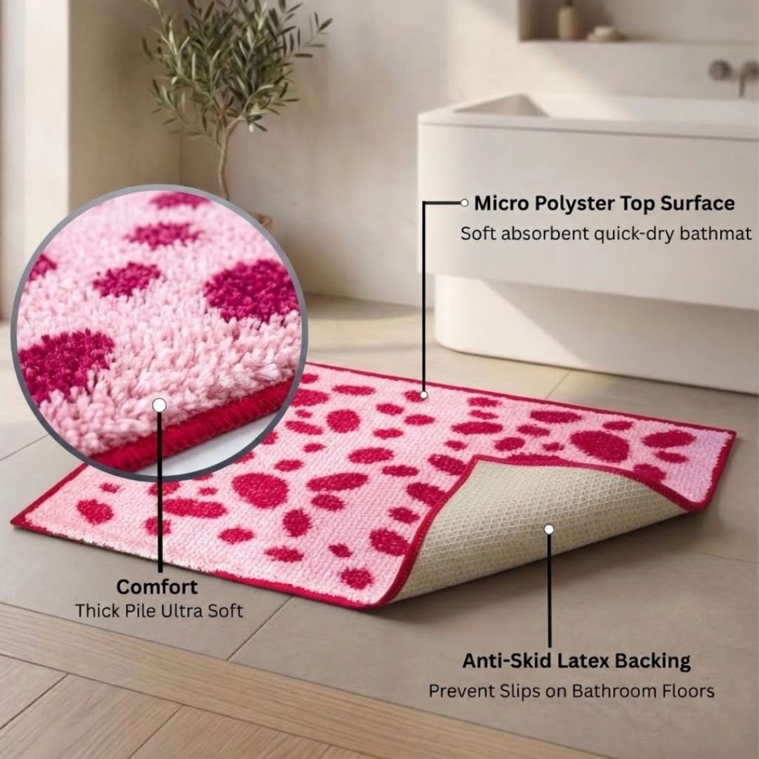Pink Dotted Micro Designer Soft Anti Slip Bath Mat Set of 2 by Athom Living - Athom Living