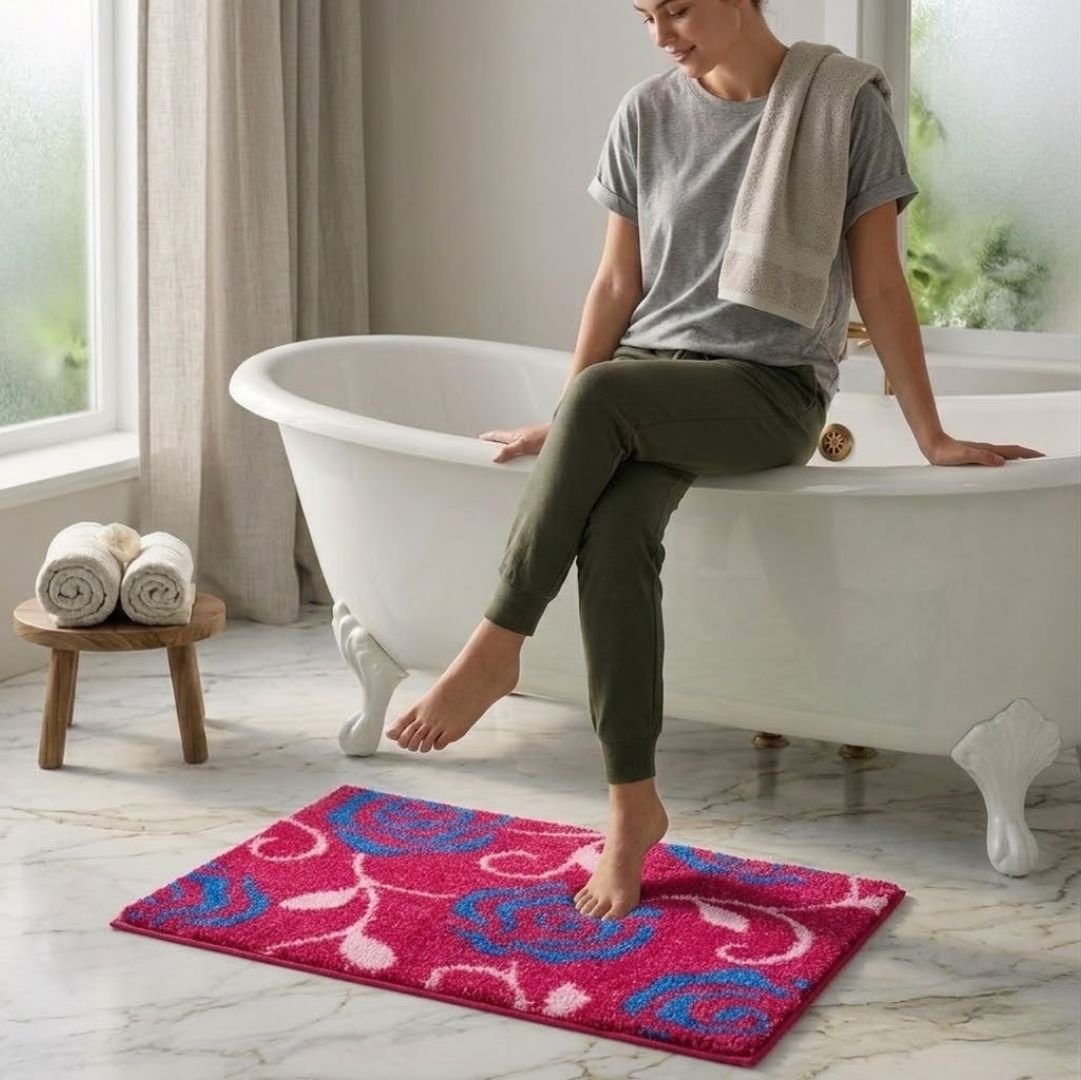 Pink Flower Soft Micro Anti - Slip Bath Mat by Athom Living - Athom Living