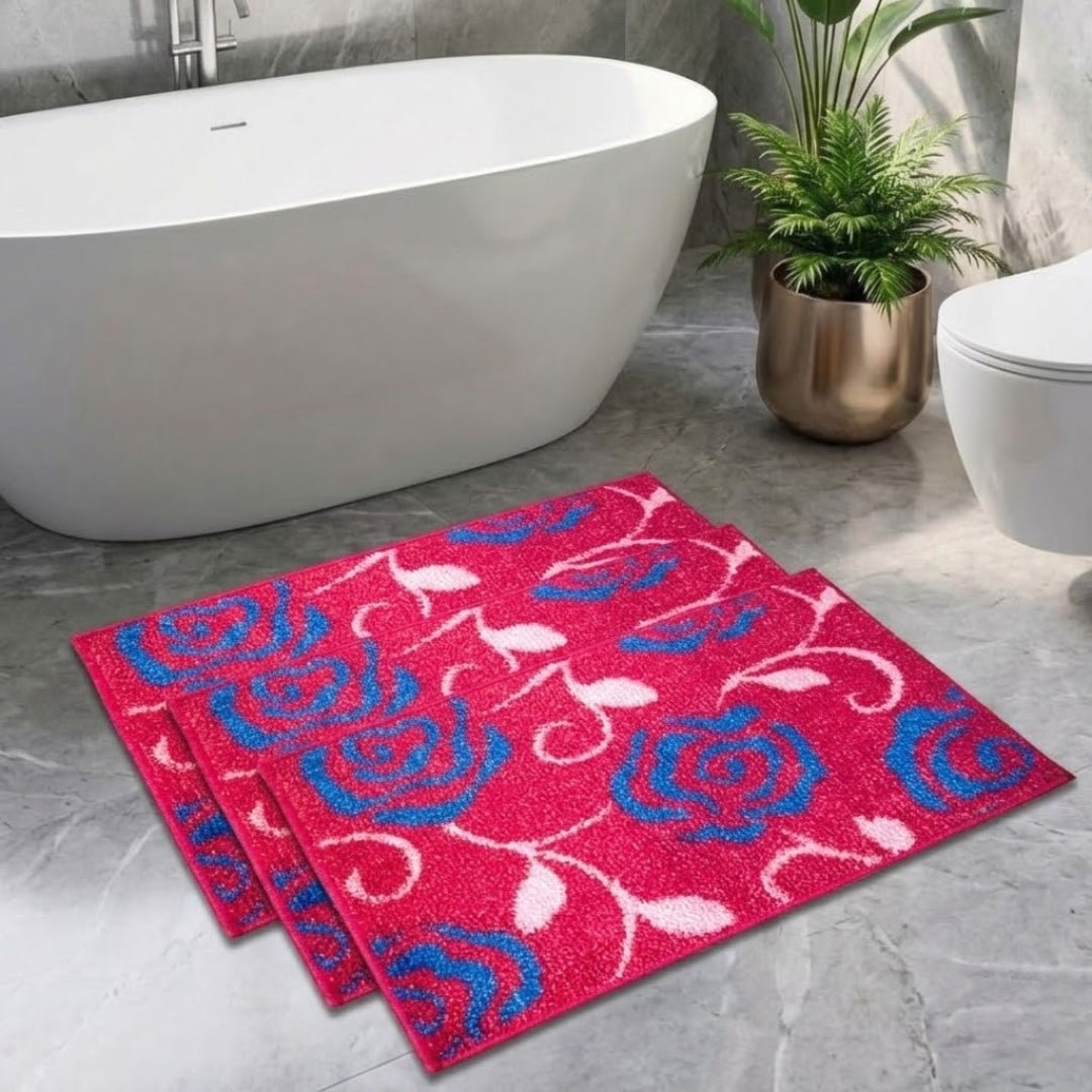 Pink Flower Soft Micro Anti - Slip Bath Mat Set of 3 by Athom Living - Athom Living