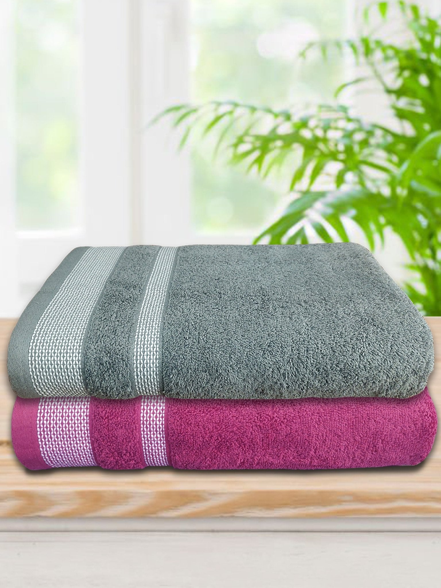 Pink & Grey Premium Cotton Bath Towel (Pack of 2) by Athom Living - Athom Living