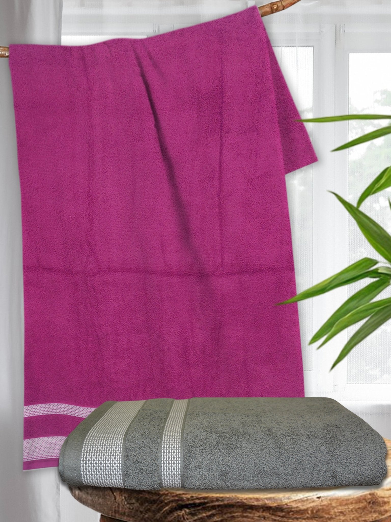 Pink & Grey Premium Cotton Bath Towel (Pack of 2) by Athom Living - Athom Living