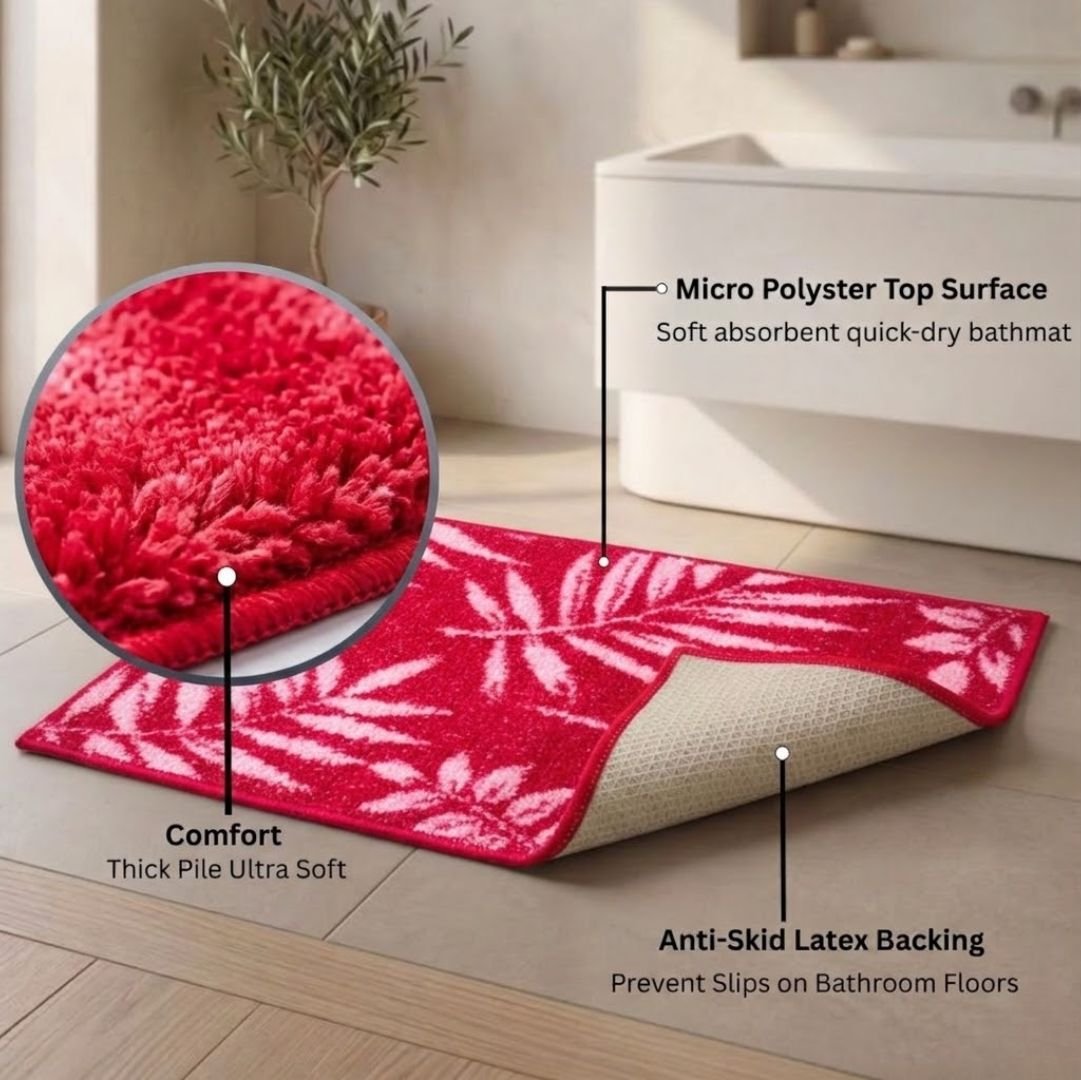 Pink Leaf Soft Micro Anti - Slip Bath Mat by Athom Living - Athom Living