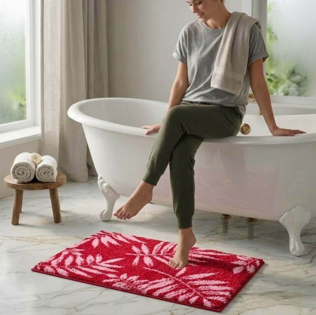 Pink Leaf Soft Micro Anti - Slip Bath Mat by Athom Living - Athom Living