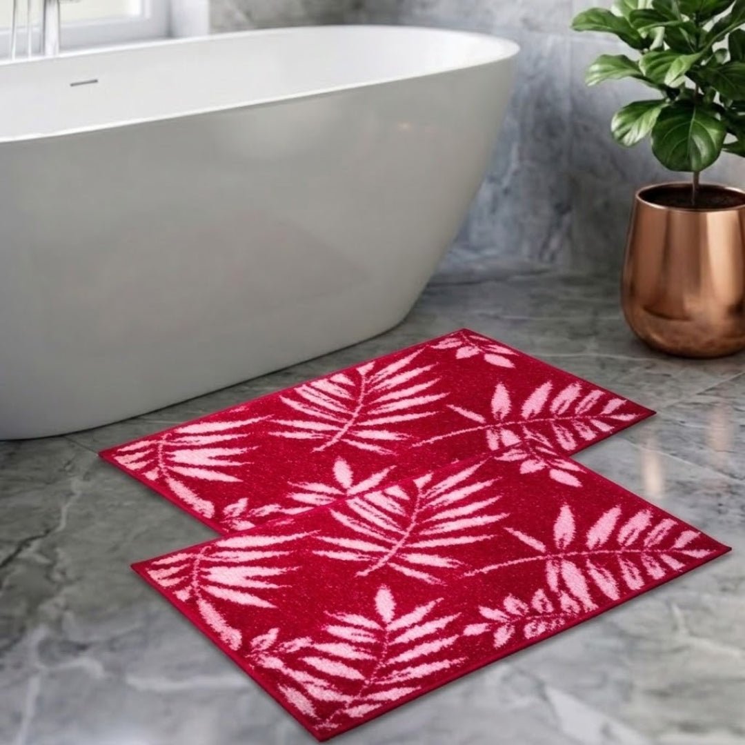 Pink Leaf Soft Micro Anti - Slip Bath Mat Set of 2 by Athom Living - Athom Living