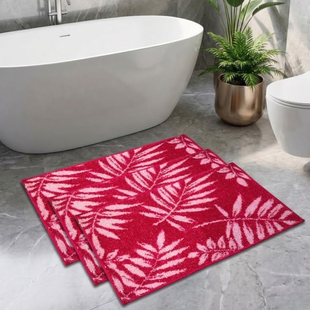 Pink Leaf Soft Micro Anti - Slip Bath Mat Set of 3 by Athom Living - Athom Living