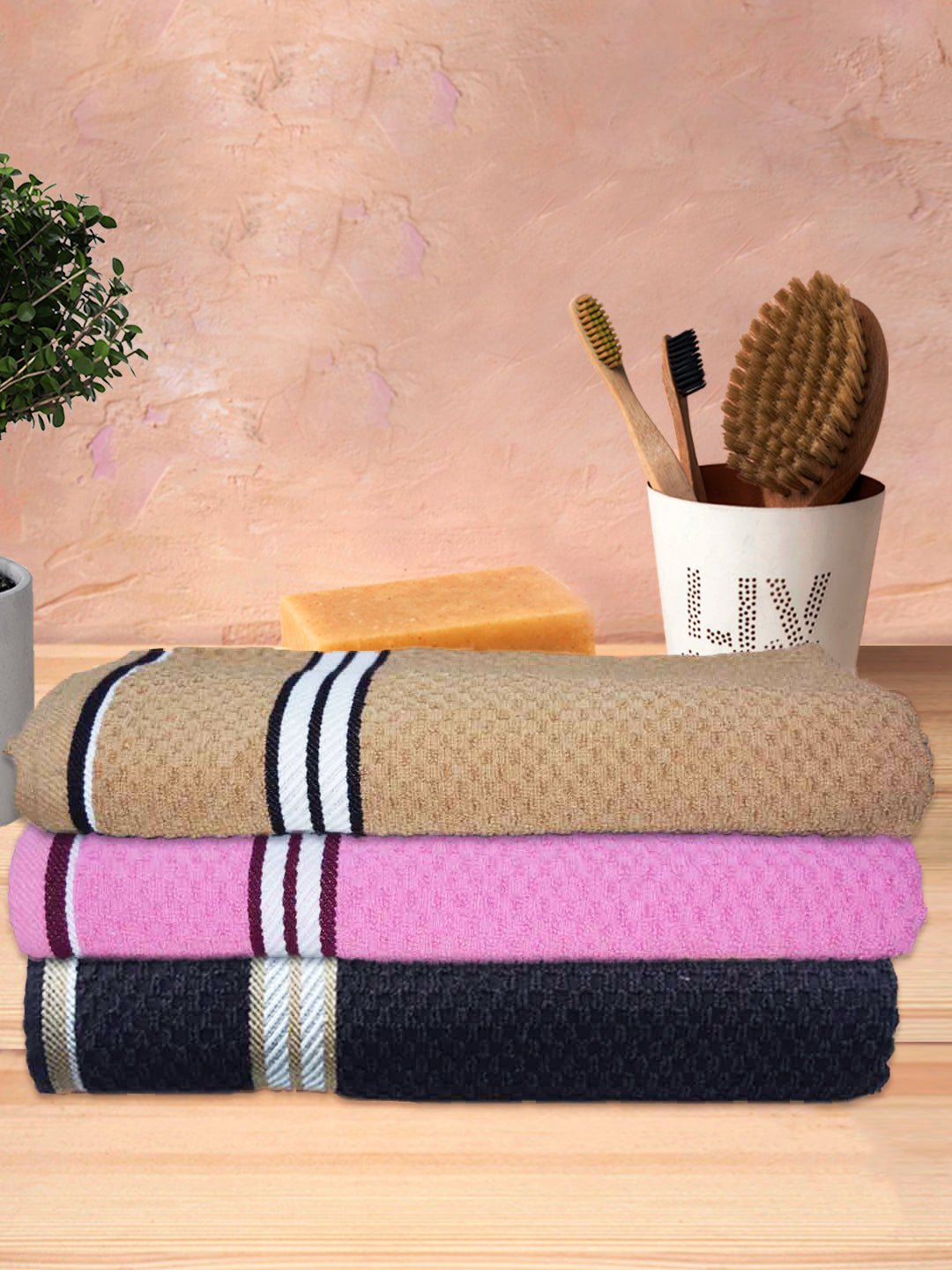 Pink Light Brown & Dark Brown Popcorn Textured Solid Bath Towel (Pack of 3) by Athom Living - Athom Living