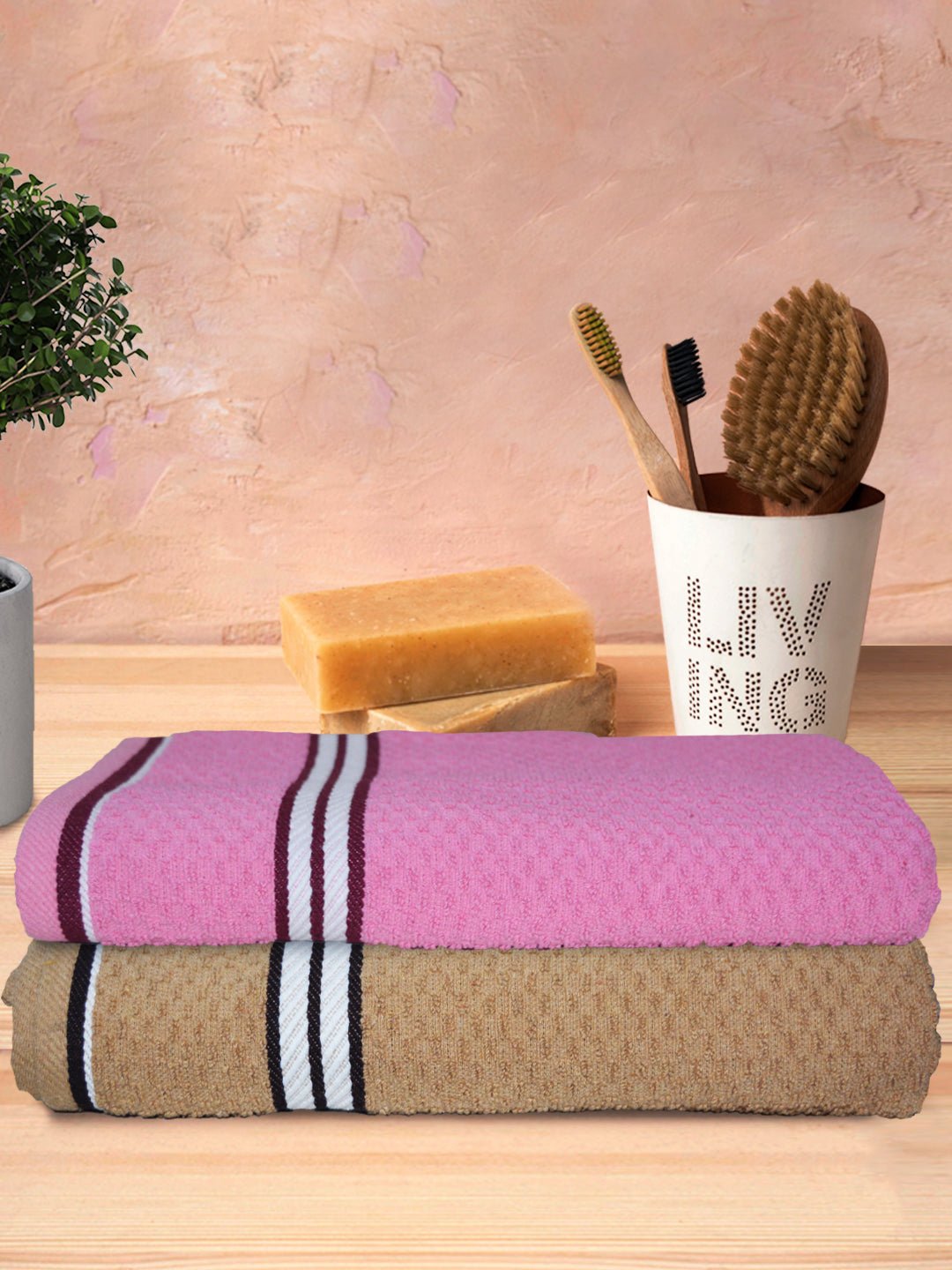 Pink & Light Brown Popcorn textured Solid Bath Towel Pack of 2 by Athom Living - Athom Living