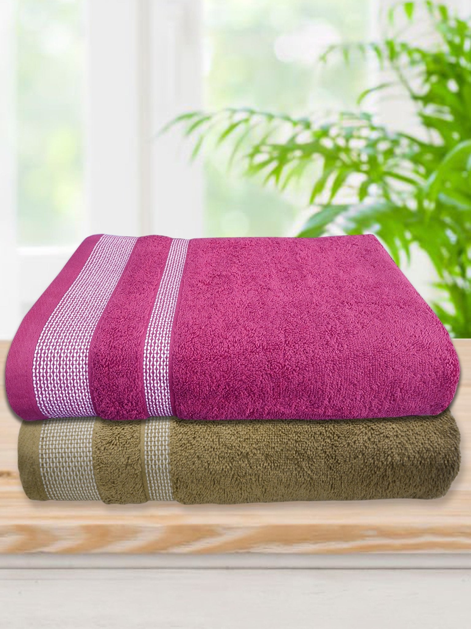 Pink & Light Brown Premium Cotton Bath Towel (Pack of 2) by Athom Living - Athom Living