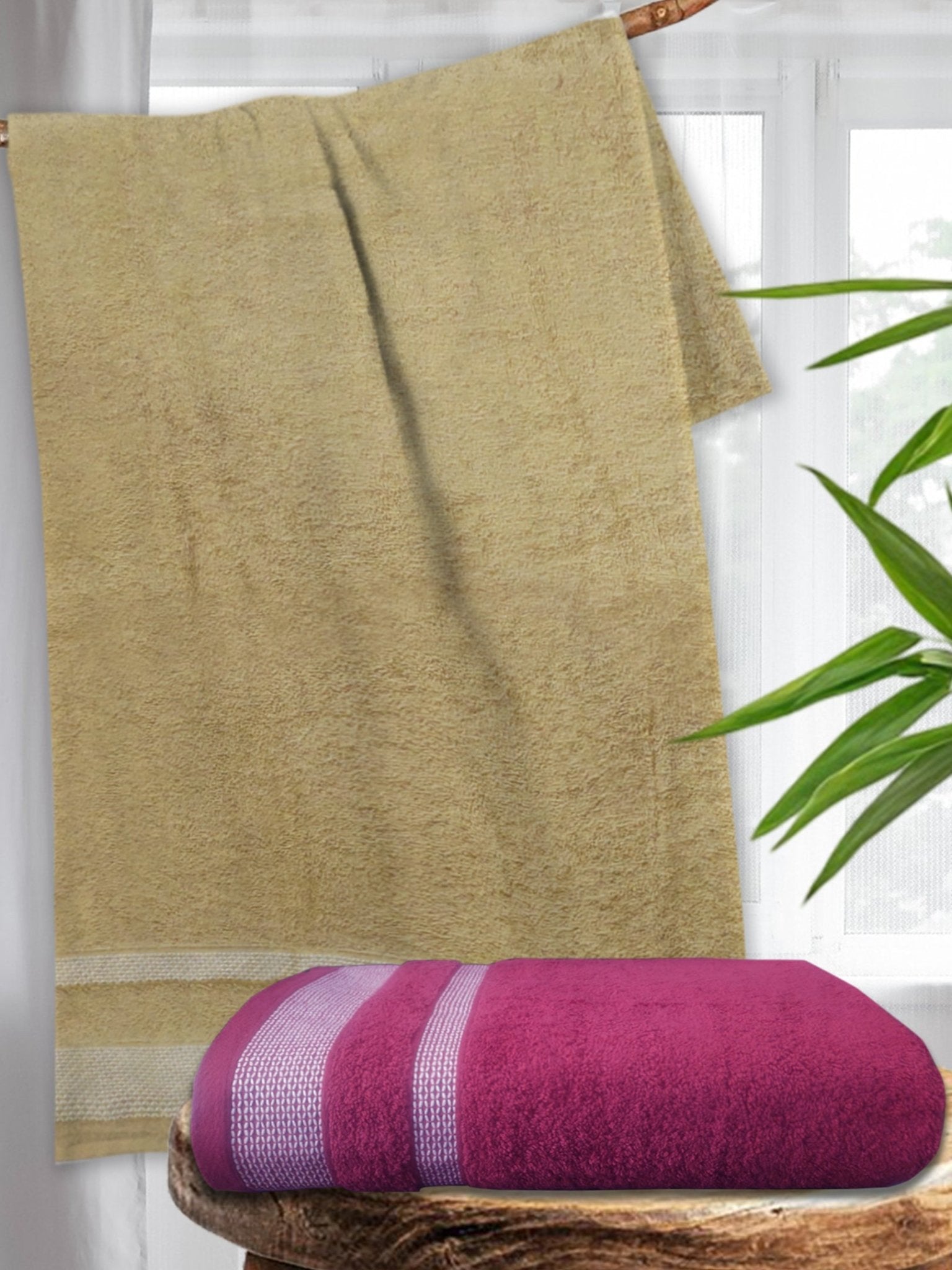 Pink & Light Brown Premium Cotton Bath Towel (Pack of 2) by Athom Living - Athom Living