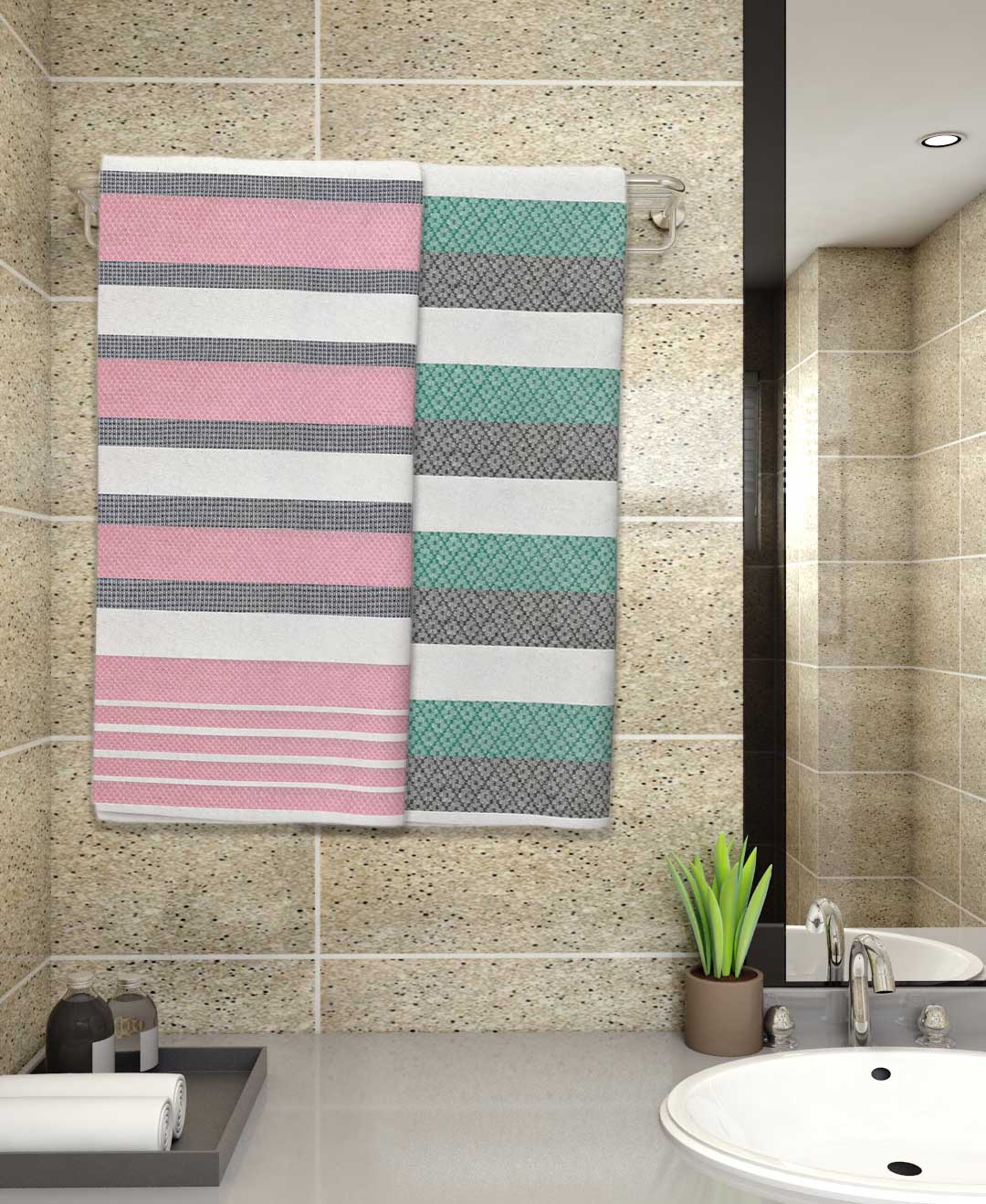 Pink & Mint Green Light Weight Premium Cotton Bath Towel (Pack of 2) by Athom Living - Athom Living