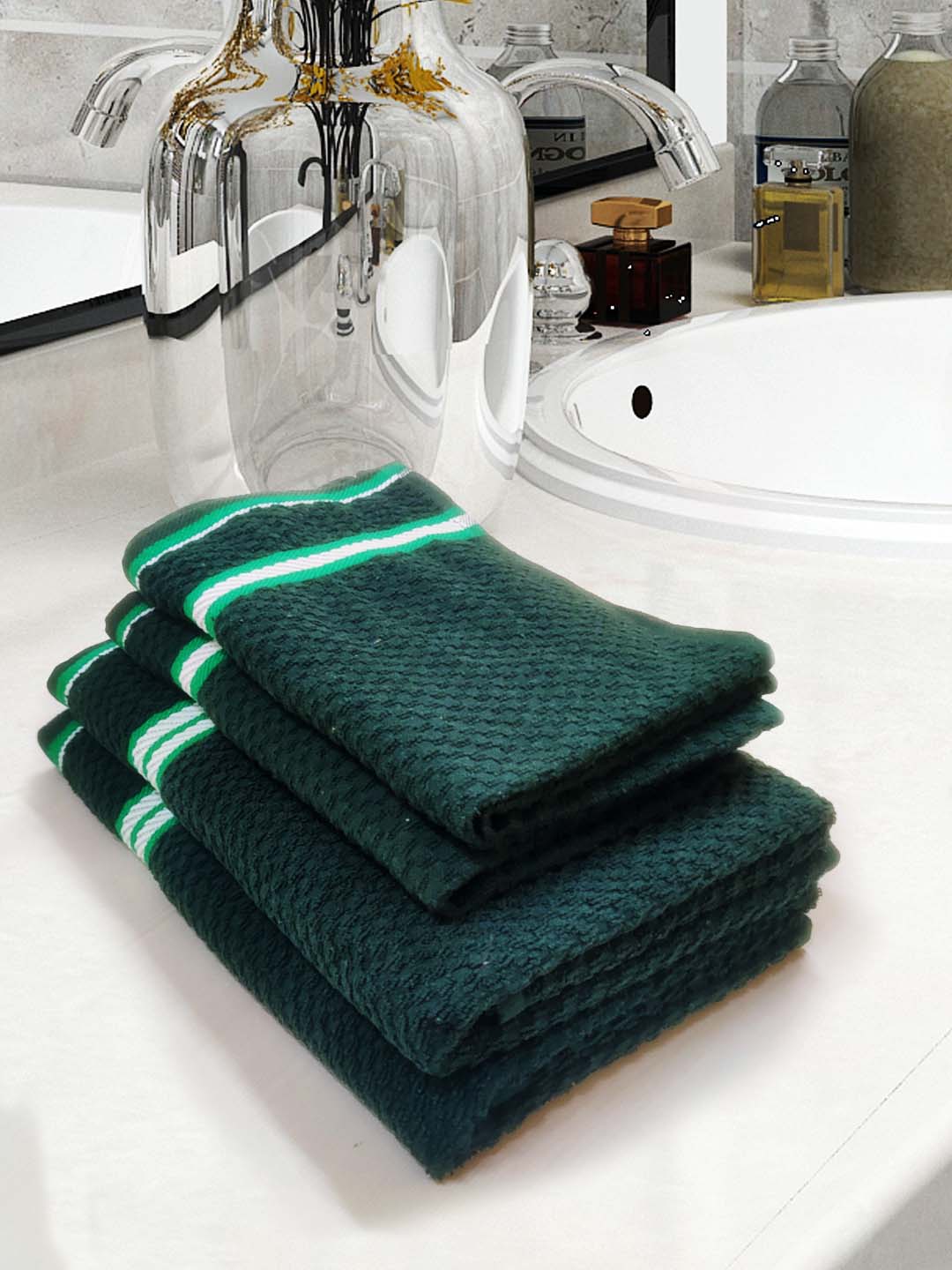 Popcorn Textured Green Cotton Bath Towel & Hand Towel (Pack of 4) by Athom Living - Athom Living
