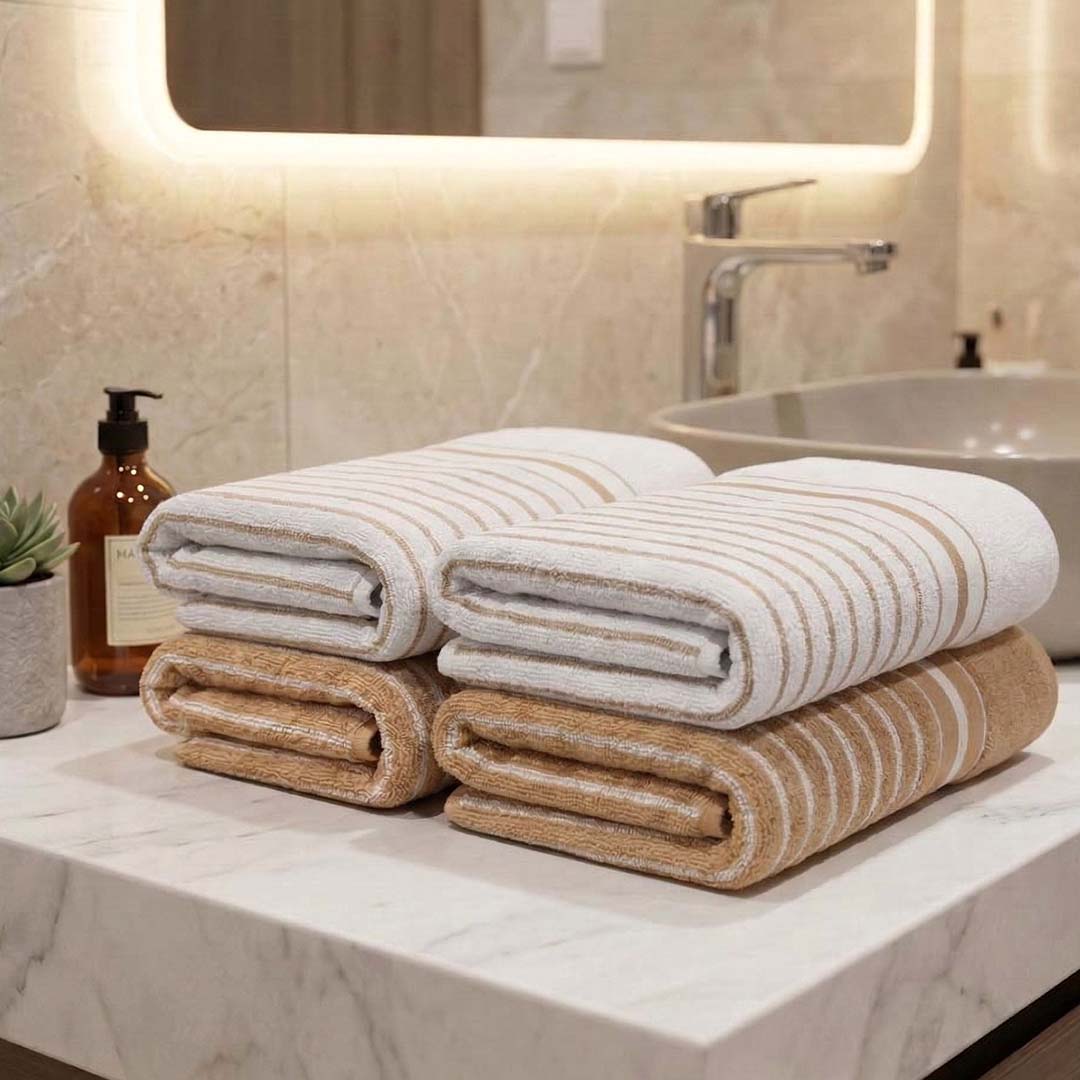Premium Beige and White with Brown Stripes Cotton Hand Towels - Cotton Pack of 4 by Athom Living - Athom Living
