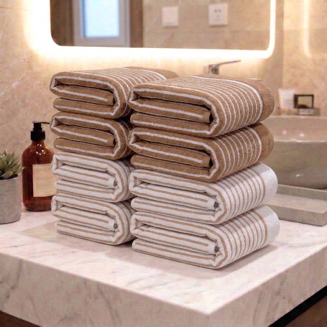 Premium Beige & White with Brown Stripes Cotton Hand Towels - Cotton Pack of 8 by Athom Living - Athom Living