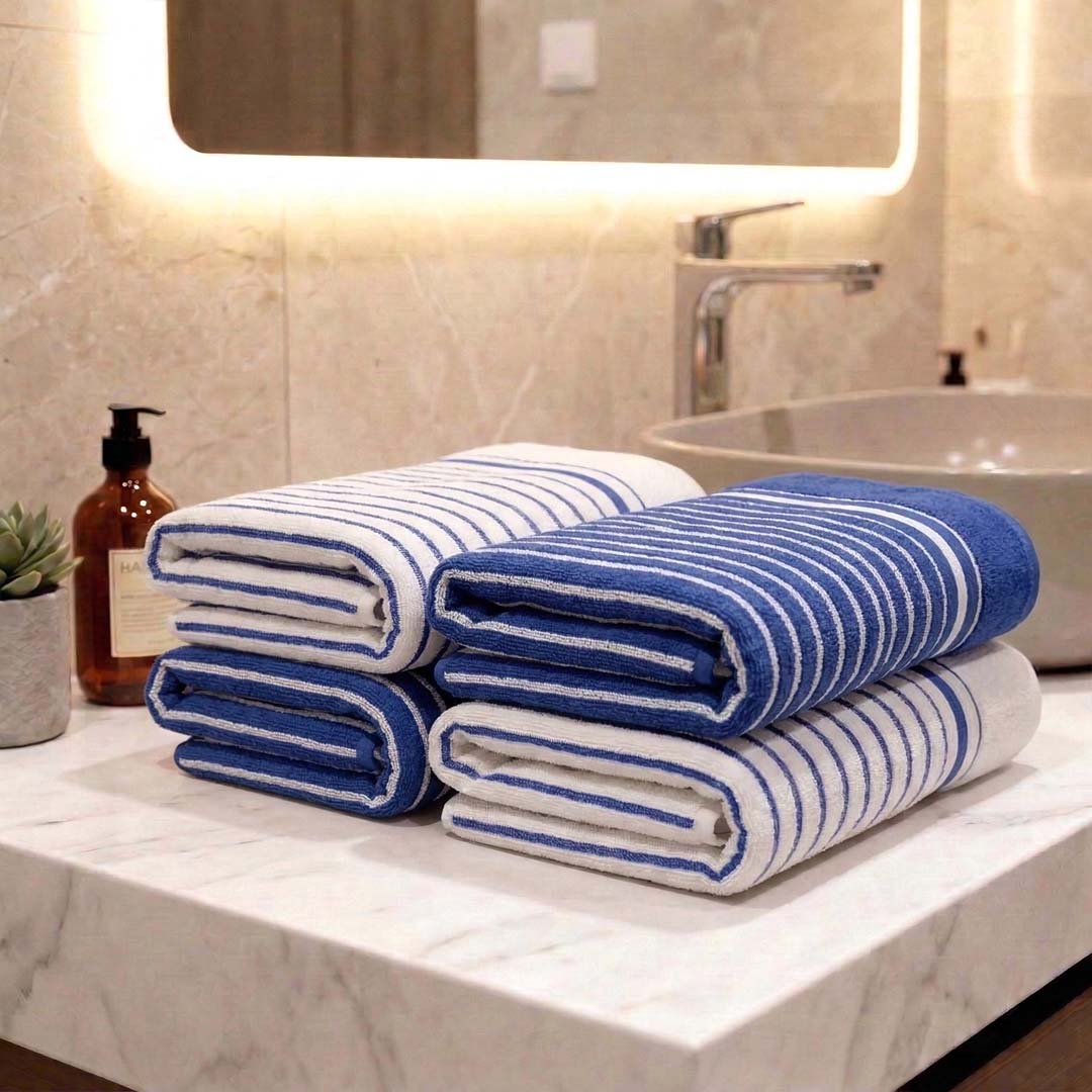 Premium Blue and White with Blue Stripes Cotton Hand Towels - Cotton Pack of 4 by Athom Living - Athom Living