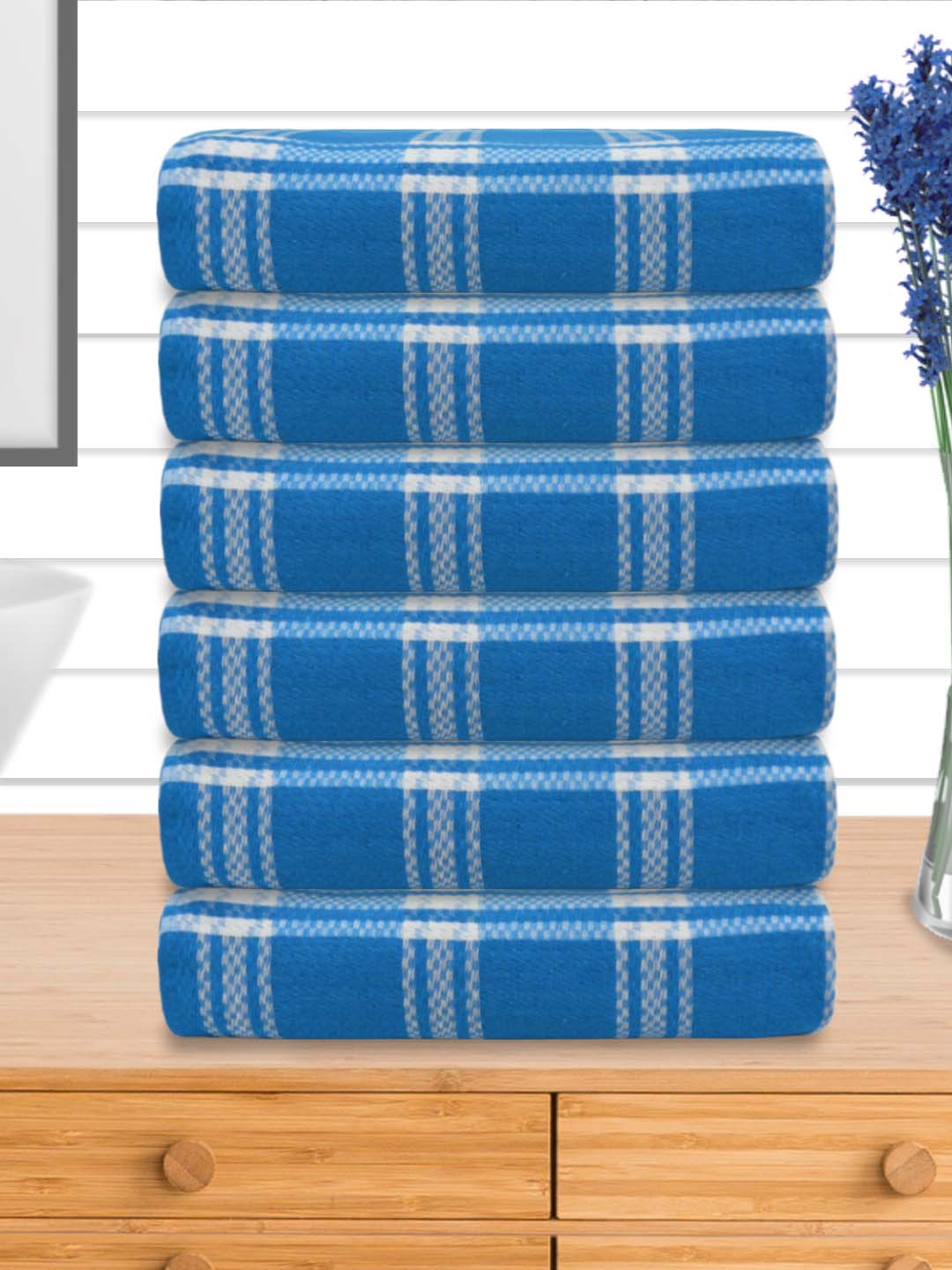 Premium Blue Checkered Coton Bath Towel (Pack of 6) by Athom Living - Athom Living