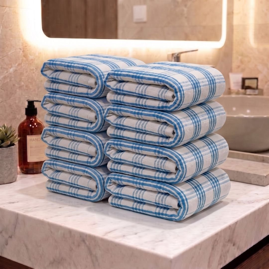 Premium Blue Strips Cotton Hand Towels- Cotton Pack of 8 by Athom Living - Athom Living