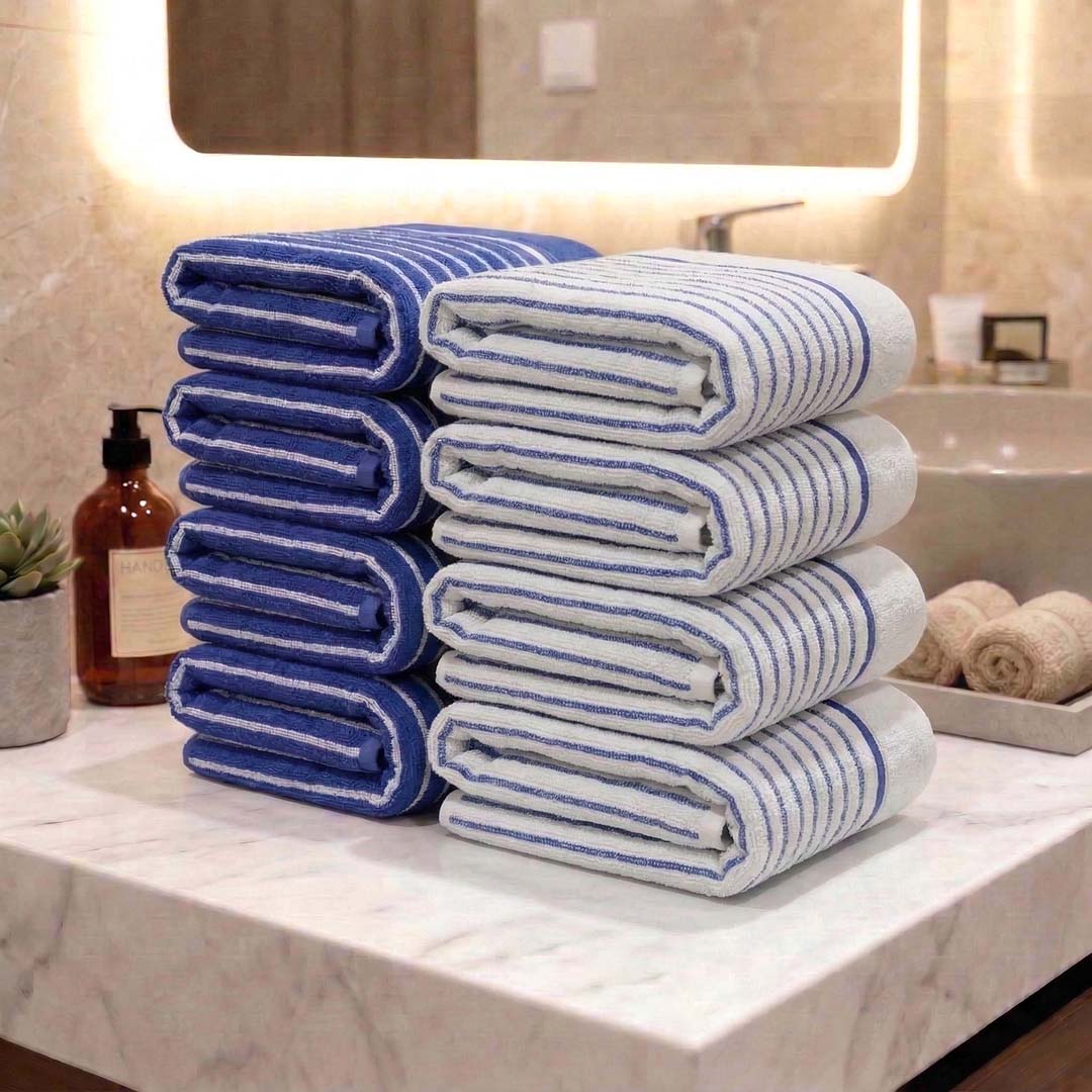 Premium Blue & White with Blue Stripes Cotton Hand Towels - Cotton Pack of 8 by Athom Living - Athom Living