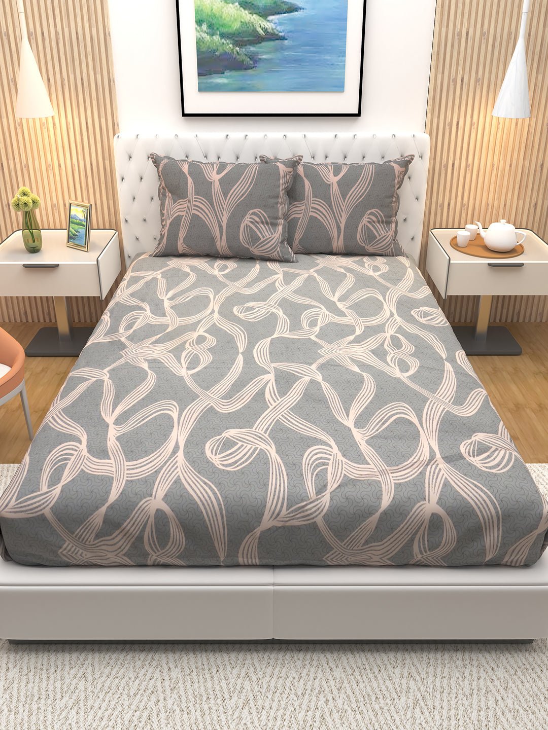 Premium Botanical Cream & Grey Striped Double Bedsheet with 2 Pillow Covers by Athom Living - Athom Living