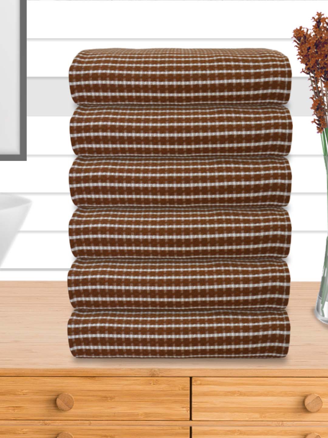 Premium Brown Checkered Cotton Bath Towel (Pack of 6) by Athom Living - Athom Living