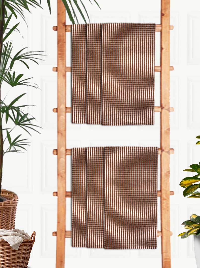 Premium Brown Checkered Cotton Bath Towel (Pack of 6) by Athom Living - Athom Living