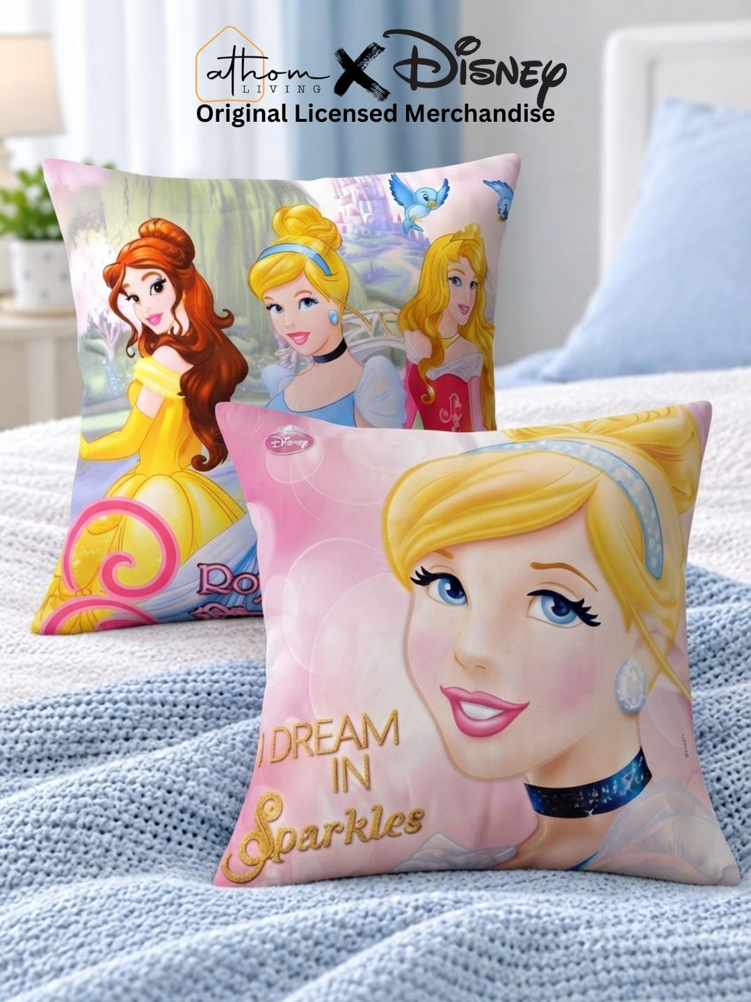 Premium Disney Princess Printed Set of 2 Cushion Covers by Athom Living - Athom Living