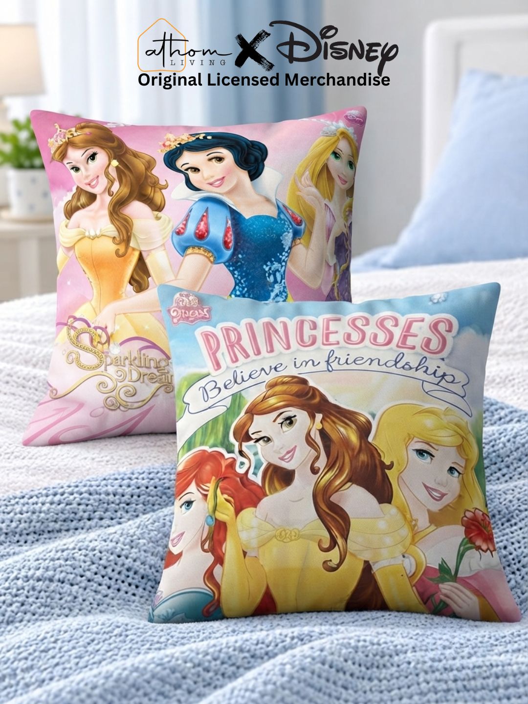 Premium Disney Princess Printed Set of 2 Cushion Covers by Athom Living - Athom Living