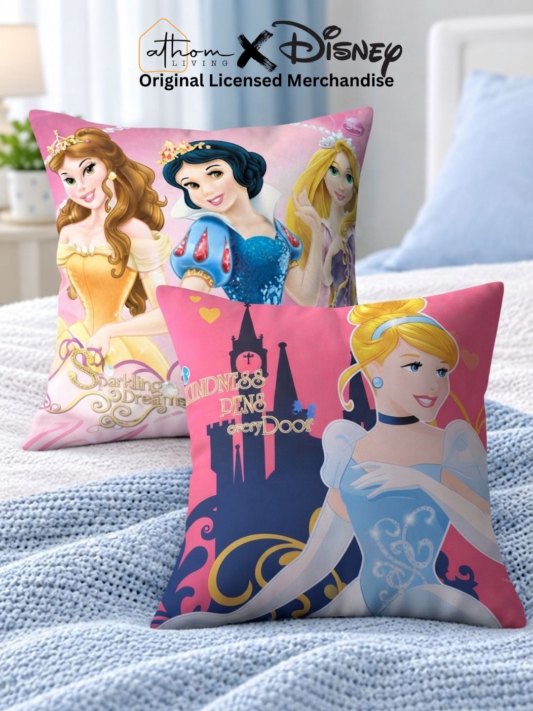 Premium Disney Princess Printed Set of 2 Filled Cushion by Athom Living - Athom Living