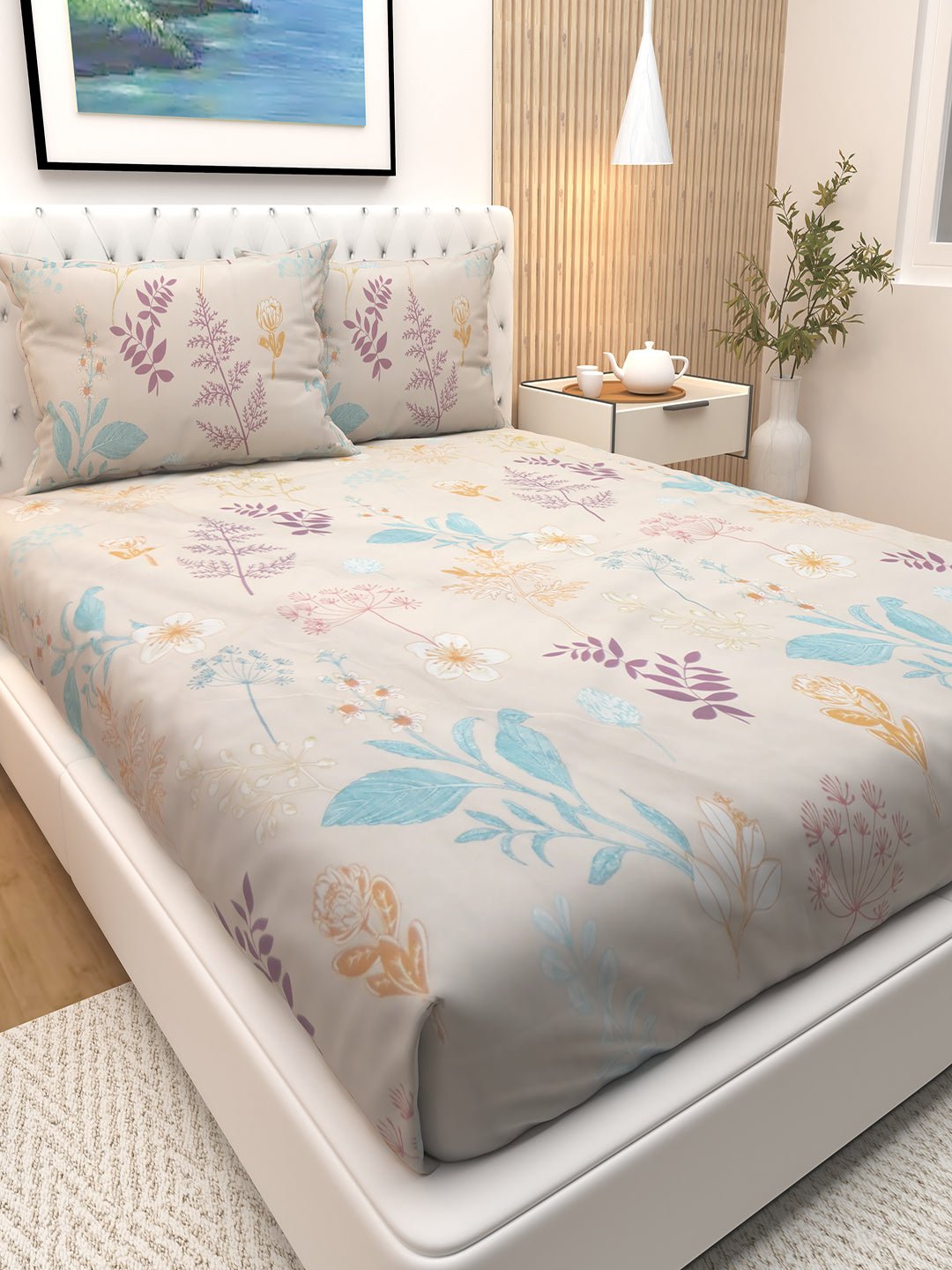 Premium Dreamy Cream Double Bedsheet Set with Microplants Print with 2 Pillow Covers by Athom Living - Athom Living
