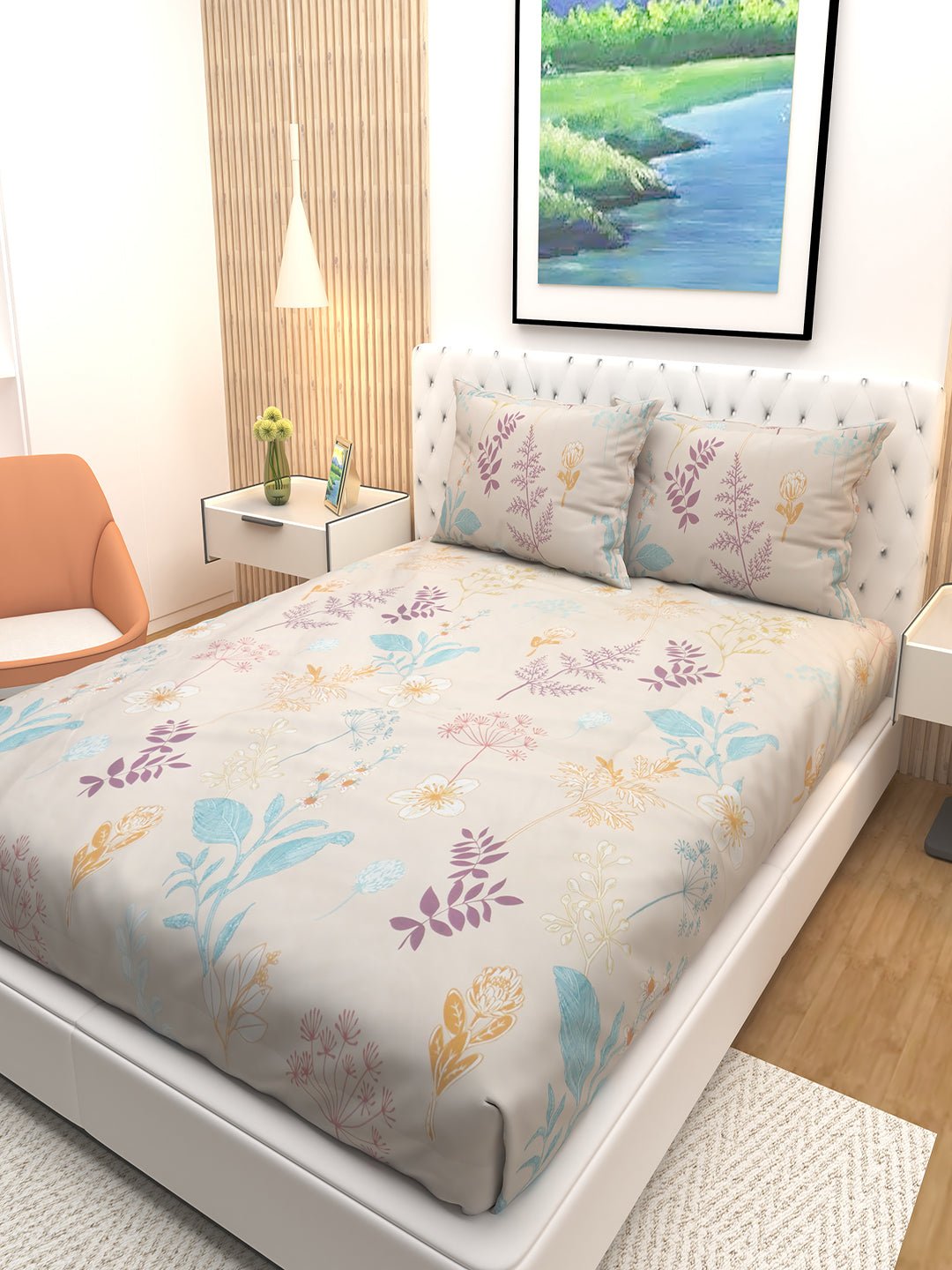 Premium Dreamy Cream Double Bedsheet Set with Microplants Print with 2 Pillow Covers by Athom Living - Athom Living