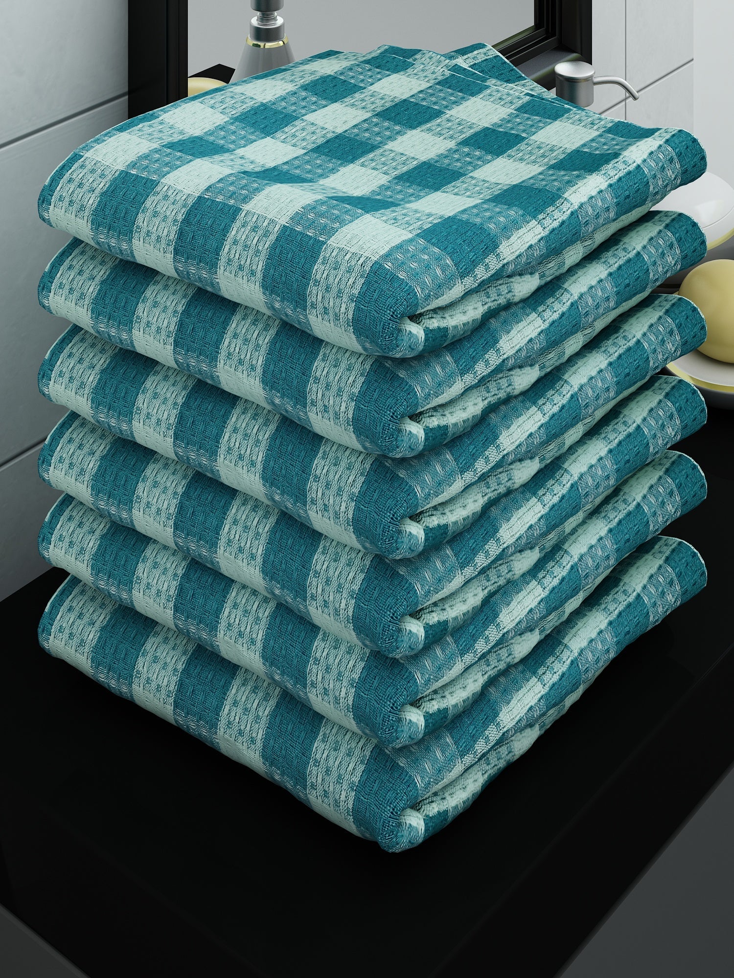 Premium Green Checkers Cotton Bath Towel (Pack of 6) by Athom Living - Athom Living
