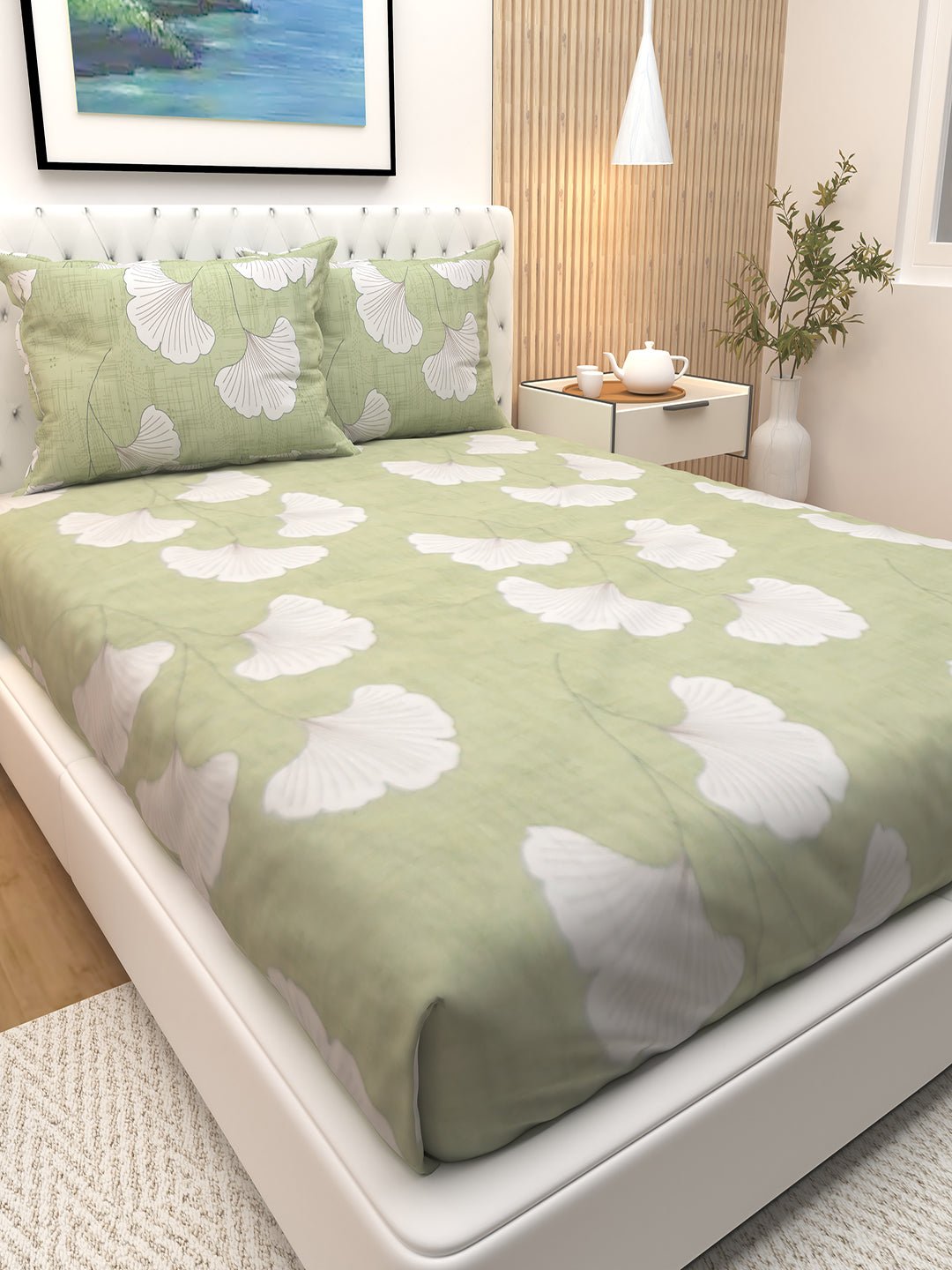 Premium Green Maple Leaves Cotton Double Bedsheet with 2 Pillows by Athom Living - Athom Living