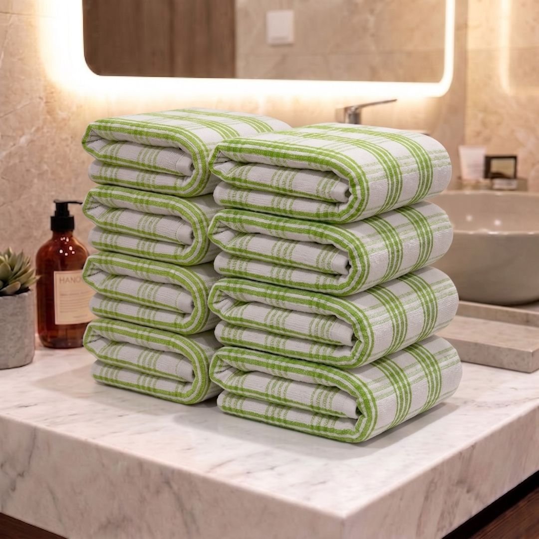 Premium Green Strips Cotton Hand Towels- Cotton Pack of 8 by Athom Living - Athom Living