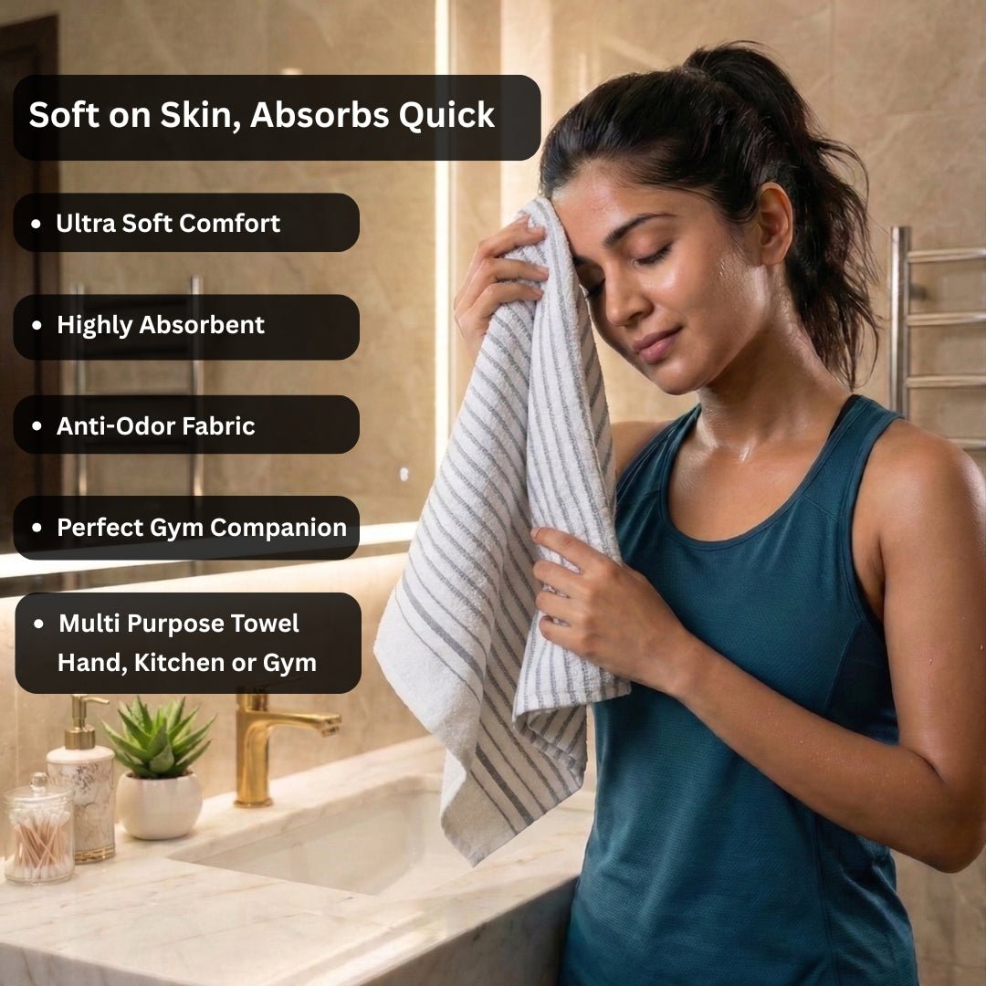 Premium Grey and White Grey Stripes Cotton Hand Towels - Cotton Pack of 8 by Athom Living - Athom Living