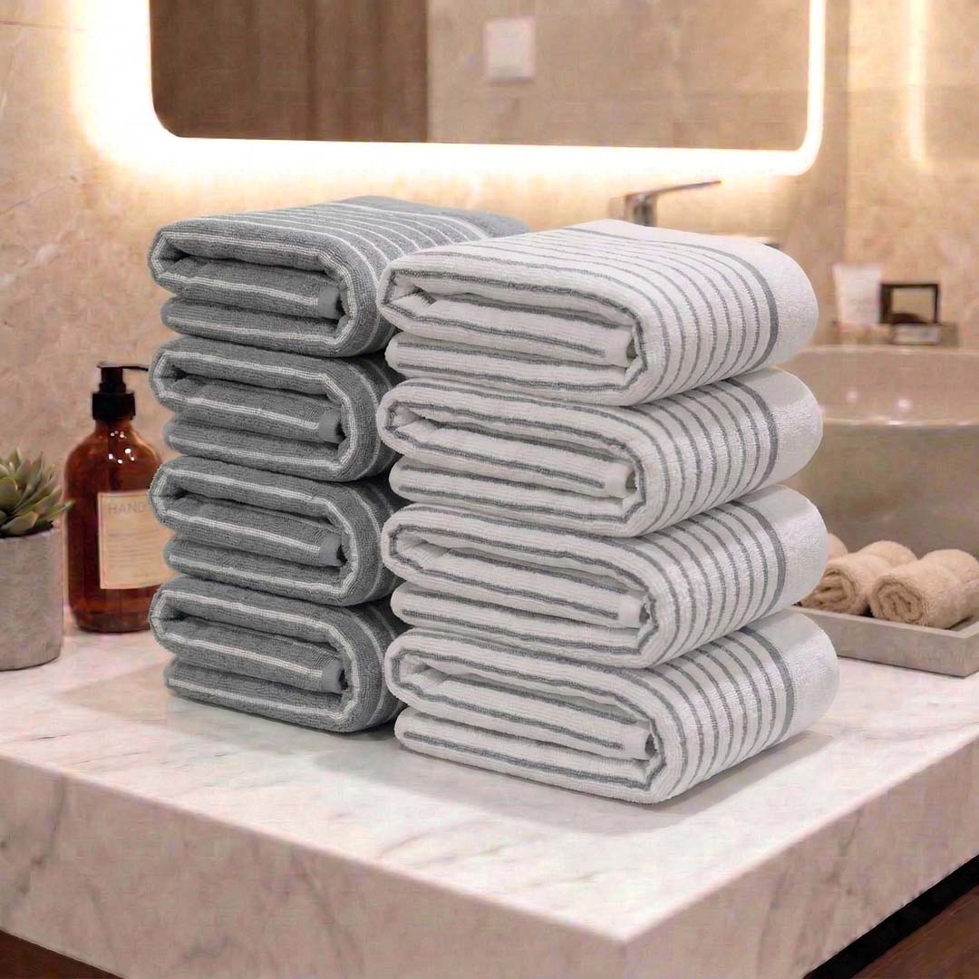 Premium Grey and White Grey Stripes Cotton Hand Towels - Cotton Pack of 8 by Athom Living - Athom Living