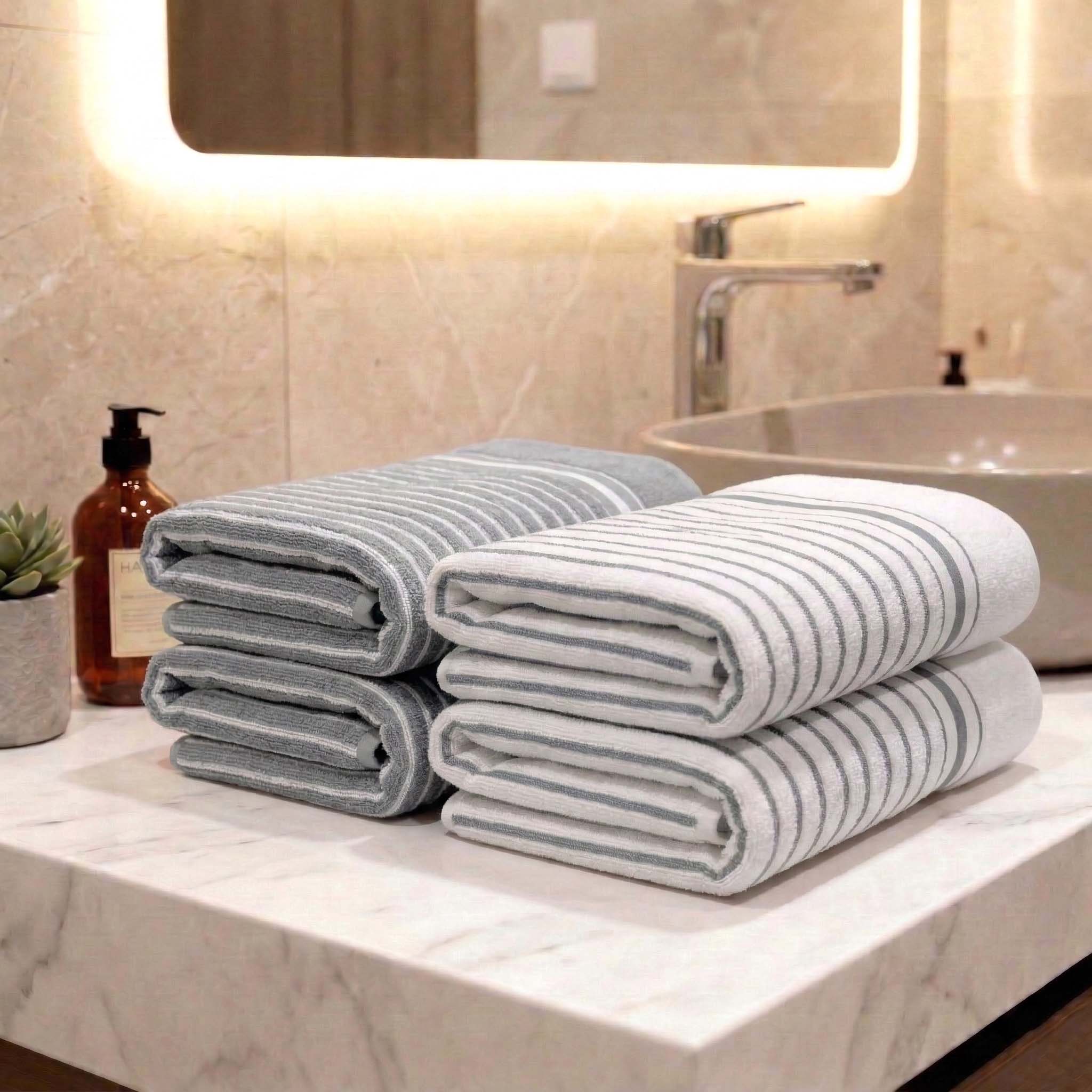 Premium Grey and White with Grey Stripes Cotton Hand Towels - Cotton Pack of 4 by Athom Living - Athom Living