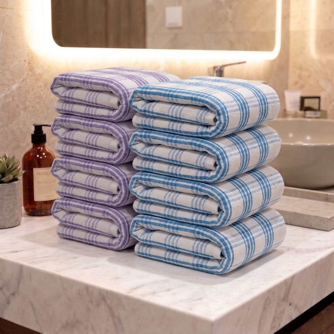 Premium Lavender & Blue Strips Cotton Hand Towels- Cotton Pack of 8 by Athom Living - Athom Living