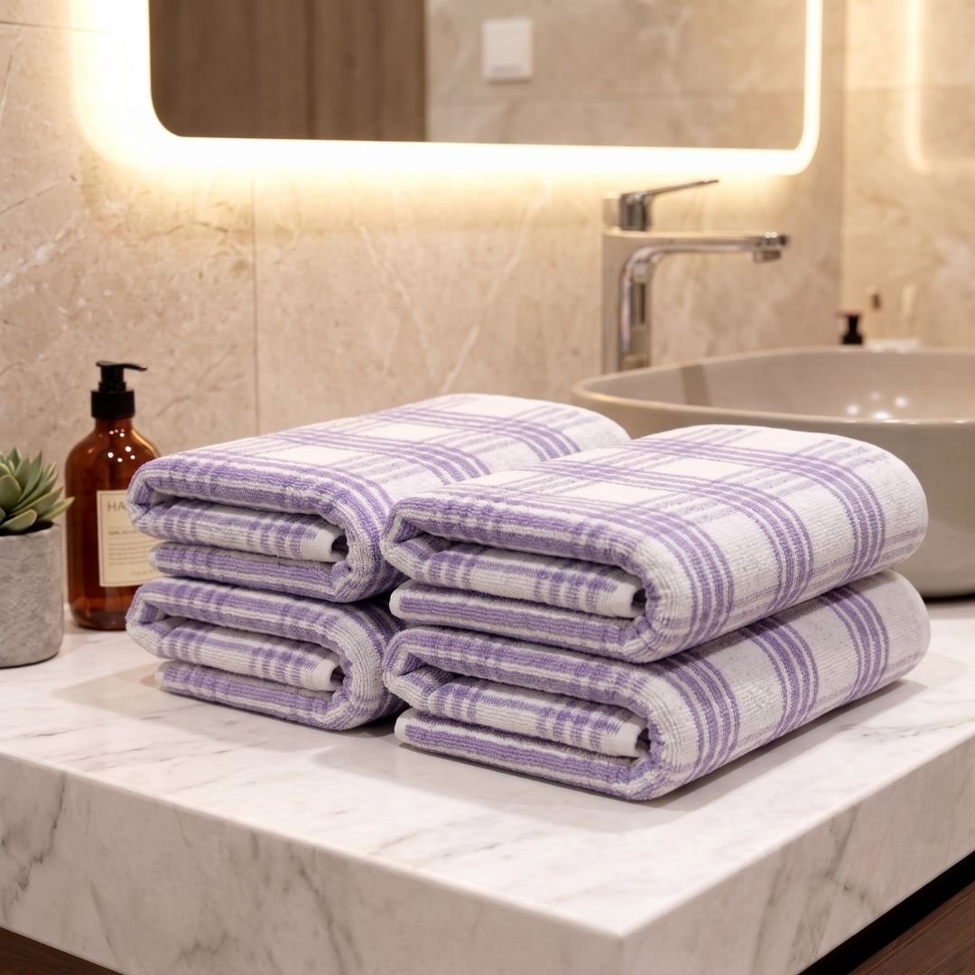 Premium Lavender Strips Cotton Hand Towels- Cotton Pack of 4 by Athom Living - Athom Living