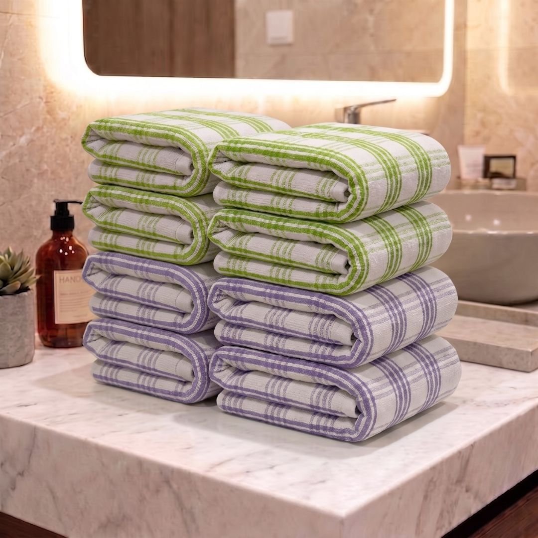 Premium Lavener & Green Strips Cotton Hand Towels- Cotton Pack of 8 by Athom Living - Athom Living