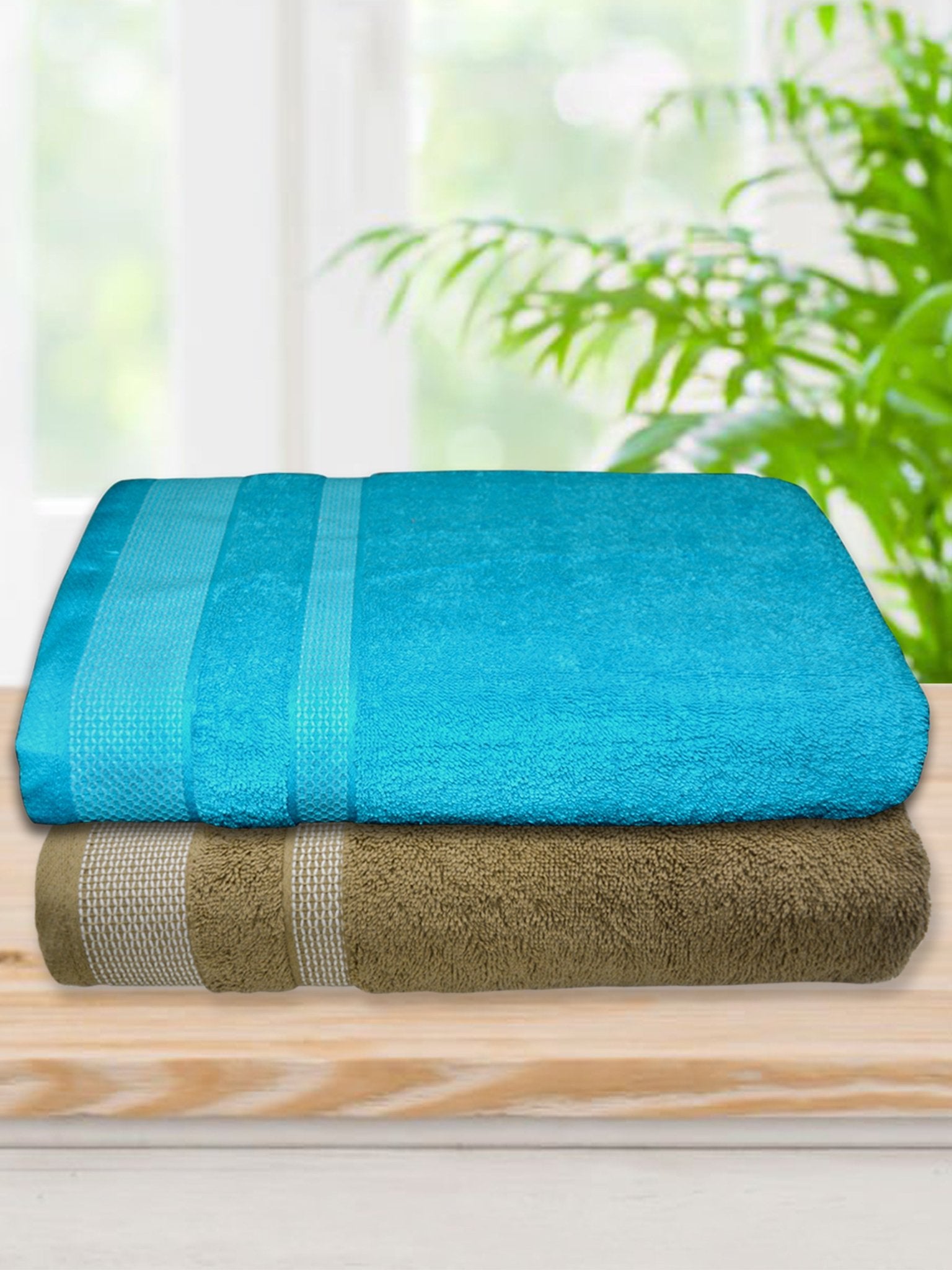 Premium Light Brown & Blue Cotton Bath Towel by Athom Living - Athom Living