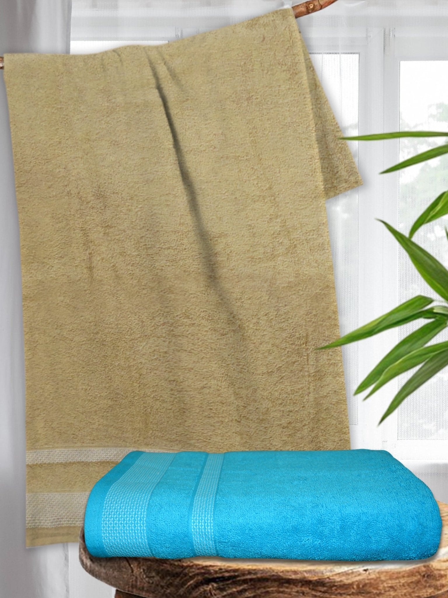 Premium Light Brown & Blue Cotton Bath Towel by Athom Living - Athom Living