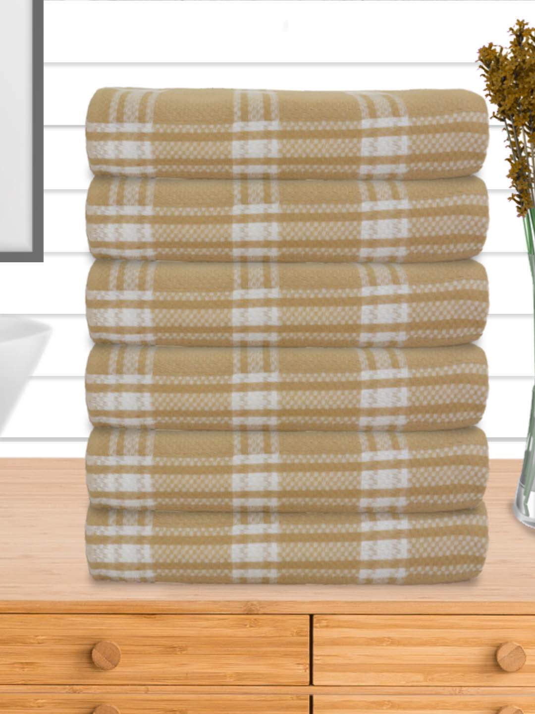 Premium Light Brown Checkered Cotton Bath Towel (Pack of 6) by Athom Living - Athom Living