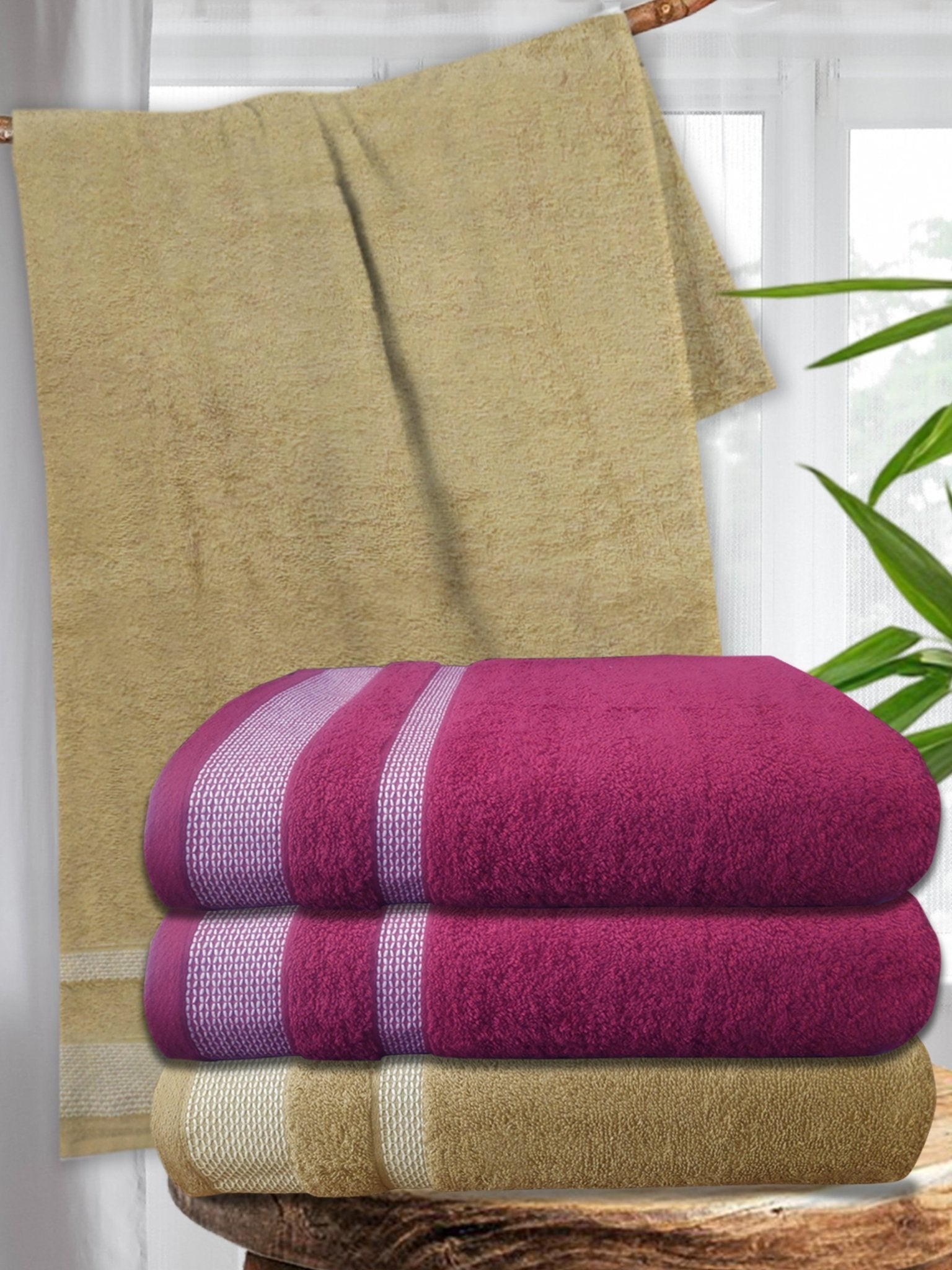 Premium Light Brown & Dark Pink Cotton Bath Towel (Pack of 4) by Athom Living - Athom Living