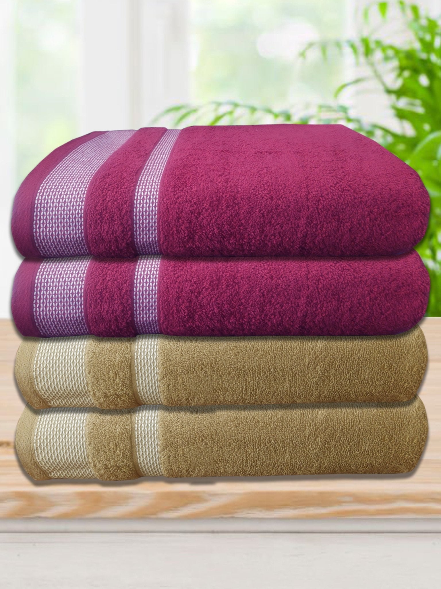 Premium Light Brown & Dark Pink Cotton Bath Towel (Pack of 4) by Athom Living - Athom Living