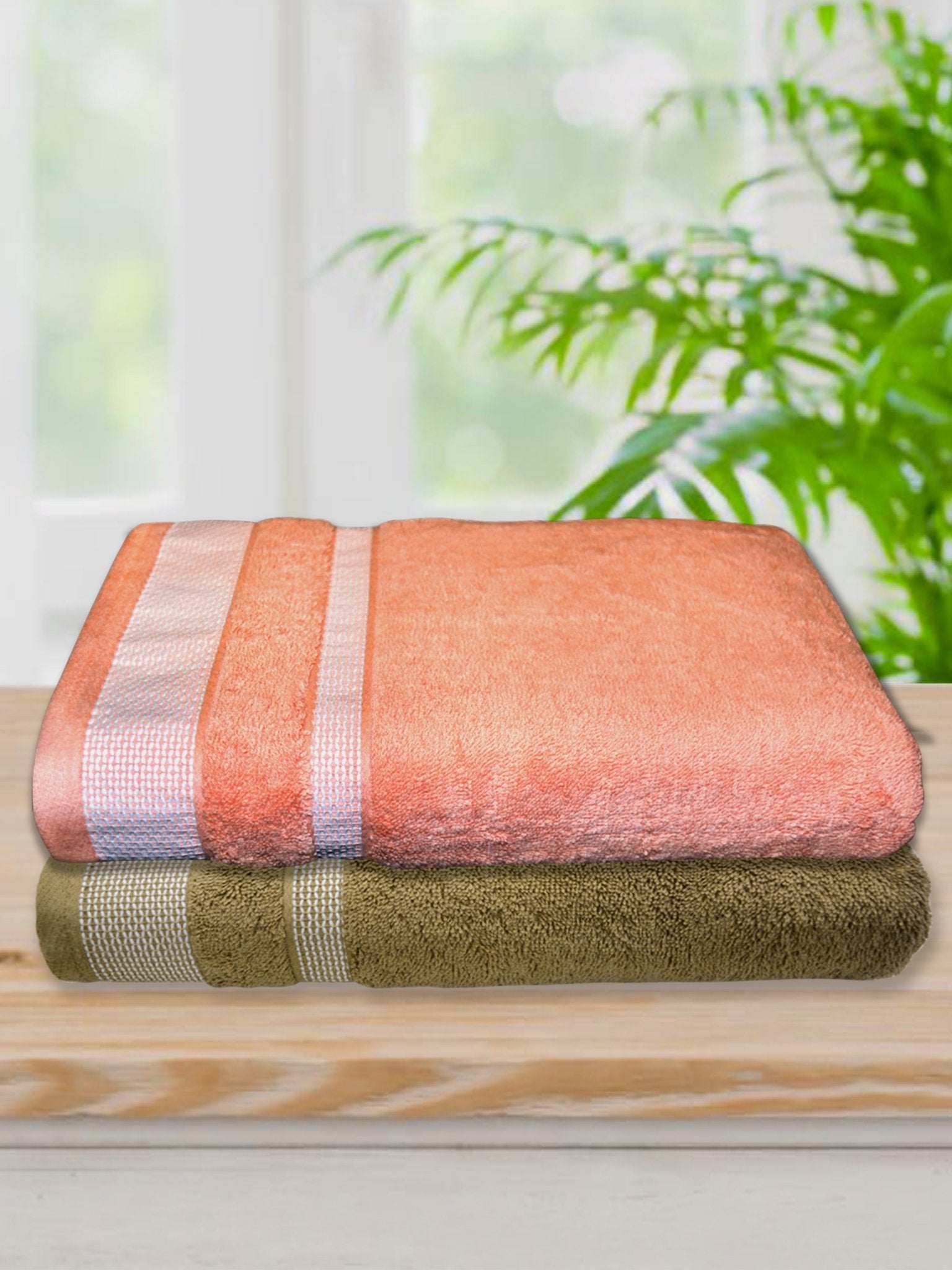 Premium Light Brown & Orange Cotton Bath Towel (Pack of 2) by Athom Living - Athom Living
