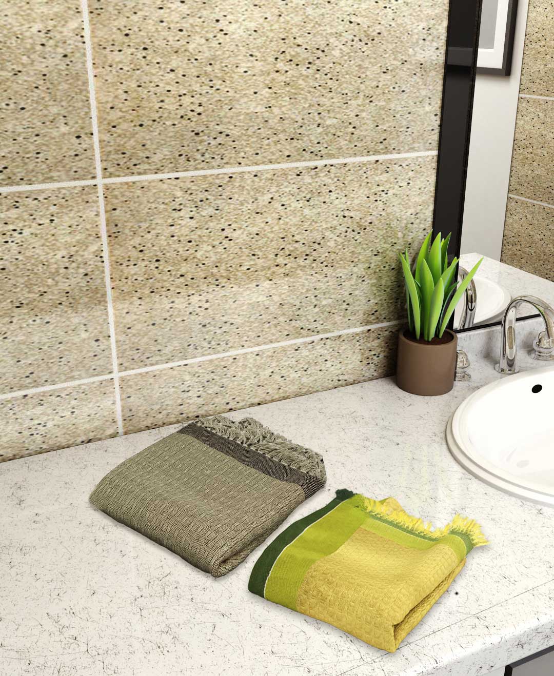 Premium Light Brown & Yellow Light Weight Cotton Bath Towel (Pack of 2) by Athom Living - Athom Living