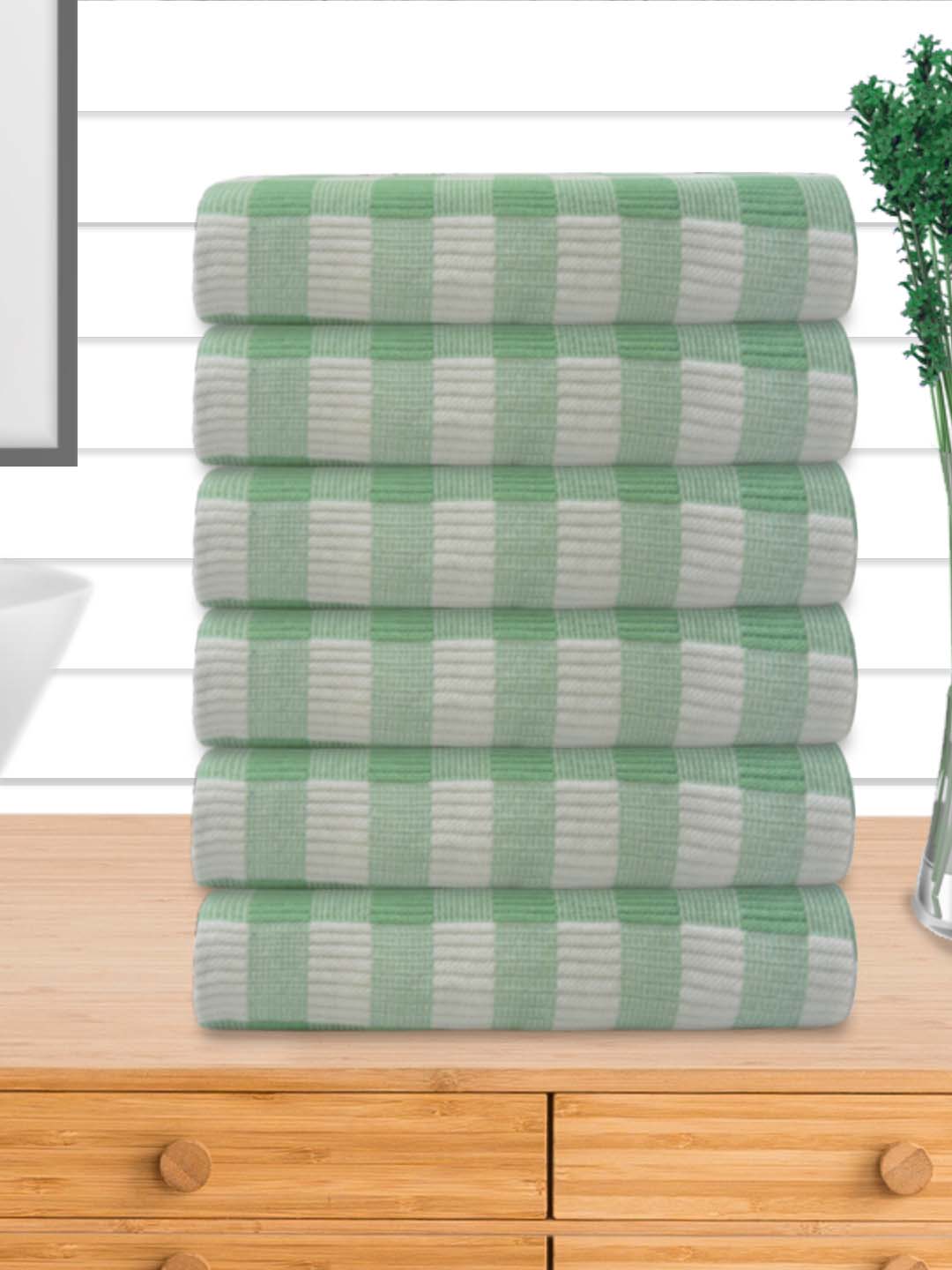 Premium Light Green Checkered Cotton Bath Towel (Pack of 6) by Athom Living - Athom Living