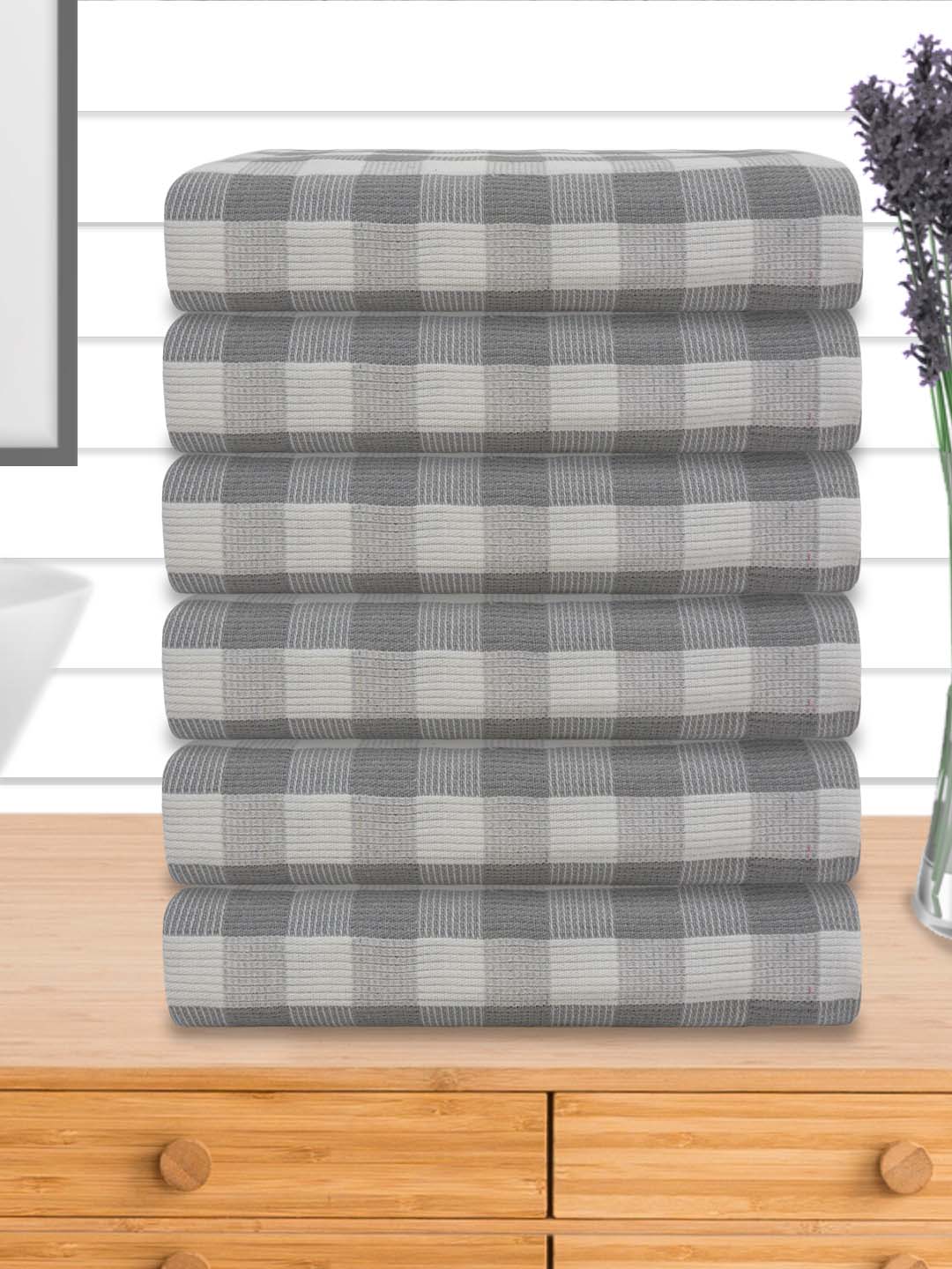 Premium Light Grey Checkered Cotton Bath Towel (Pack of 6) by Athom Living - Athom Living