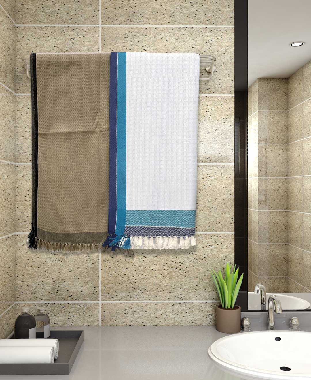 Premium Light Weight Dark Brown & White Cotton Bath Towel (Pack of 2) by Athom Living - Athom Living