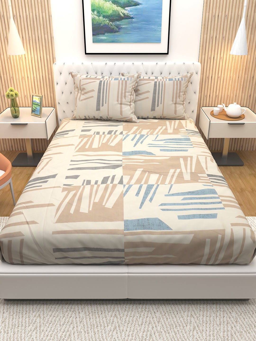 Premium Magno Cream Abstract Double Bedsheet with 2 Pillow Covers by Athom Living - Athom Living